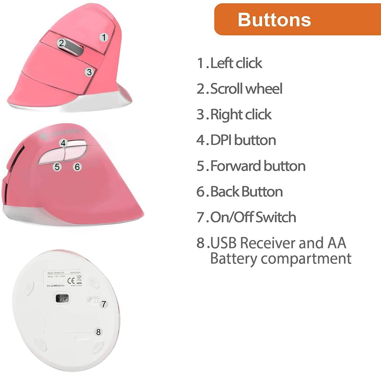 J Tech Digital Wireless Ergonomic Vertical Mouse For Small Hands With Usb Nano Transceiver, Aa Battery, 3 Dpi, Compatible With M