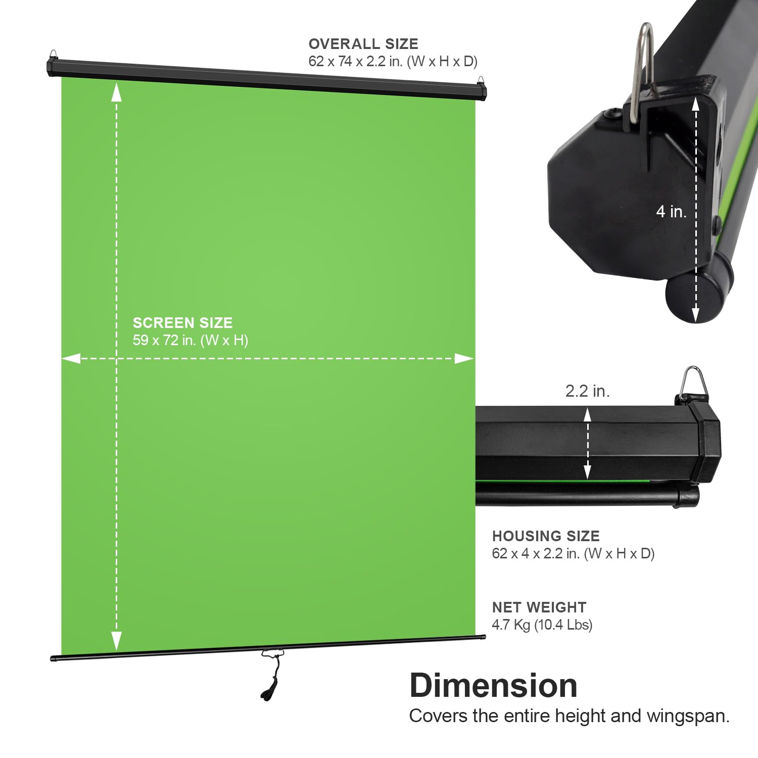 Julius Studio (Pull Down Style) 5.1 X 6.2 Ft. / 62 X 74 In. Green Screen, Retractable Background, Ceiling & Wall Mount, Roll Up