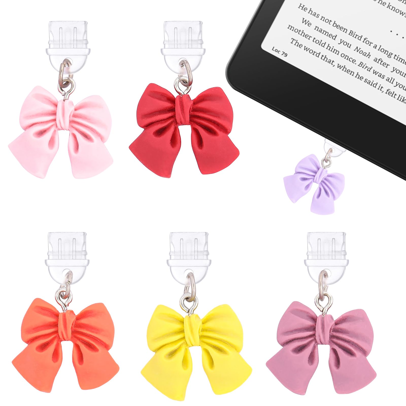 TAKEALOOKO 6 Pcs Dust Plug Charms for Kindle - Pink Bows Dustproof Plugs Compatible with Type C Charging Port, Coquettte Cute Bo