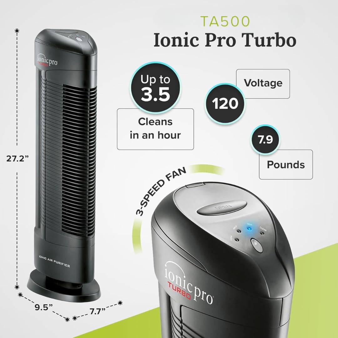 Ionic Pro Turbo Ionic Air Purifier, 500 sq ft, Black, Model TA-500B, 28.5" x 7.5" x 9.5", Plastic Construction