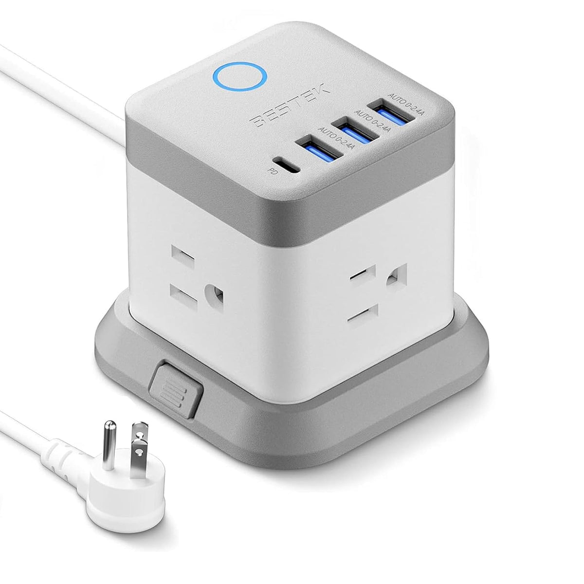 Bestek Power Strip With Usb, Vertical Cube Mountable Power Outlet Extender With 3 Outlets, 3 Usb & 1 Usb C Pd20W Ports, 5 Feet Extension Cord Flat Plug And Detachable Base For Easy Mounting