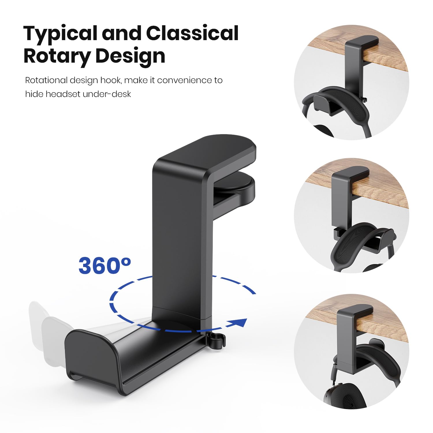 Pc Gaming Headset Headphone Hook Holder Hanger Mount, Headphones Stand With Adjustable & Rotating Arm Clamp, Under Desk Design,