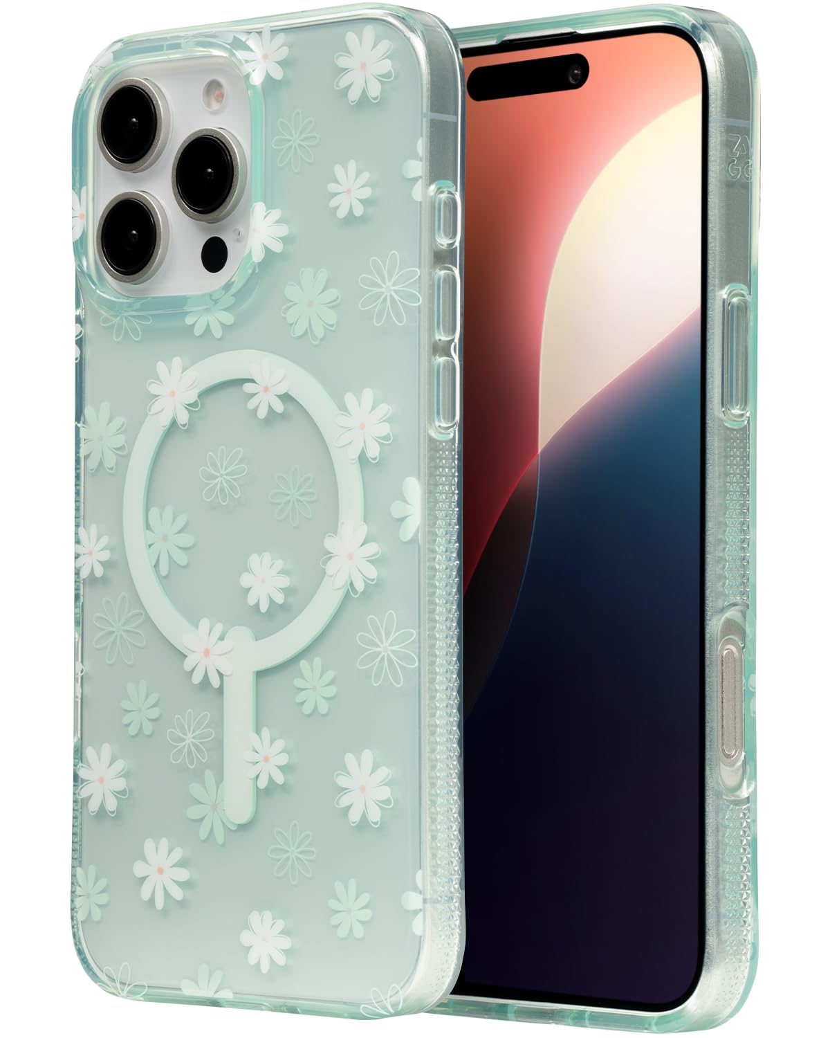 ZAGG Milan Snap Case for iPhone 16 Pro Max - White Floral Design on Green Transparent Base, MagSafe Compatible, 13ft Drop Protec