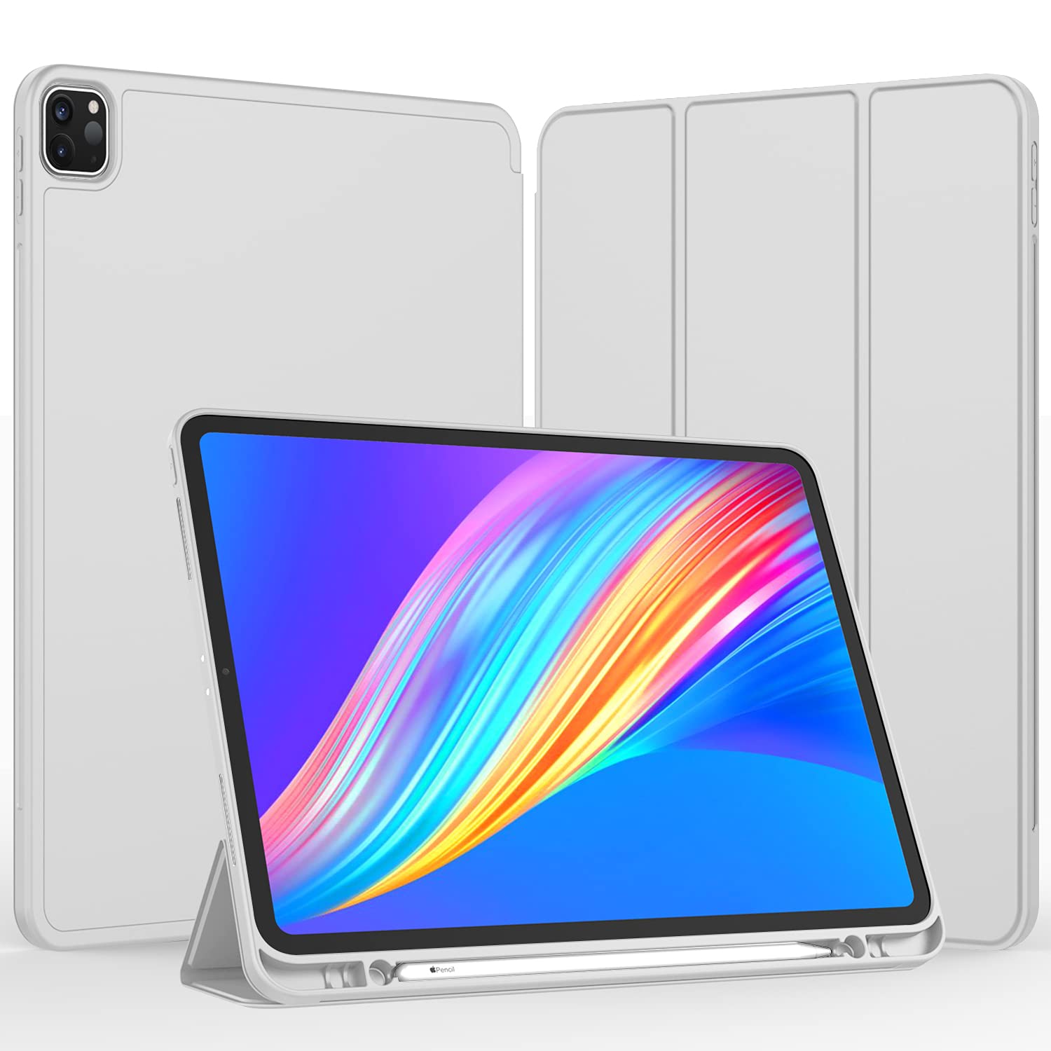 Imieet New Ipad Pro 12.9 Case 2022(6Th Gen)/2021(5Th Gen) With Pencil Holder [Support Ipad 2Nd Pencil Charging/Pair],Trifold Stand Smart Case With Soft Tpu Back,Auto Wake/Sleep(Light Gray)