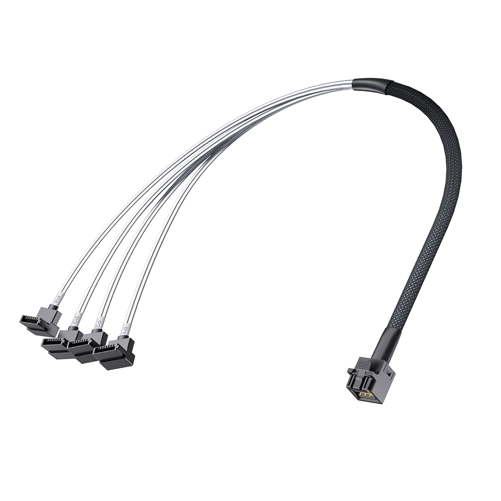 10Gtek# 6G Internal Minisas Hd Sff 8643 To 4X Sata 7Pin Hard Disk Data Server Raid Cable, Straight To Right Angle, 0.5 M