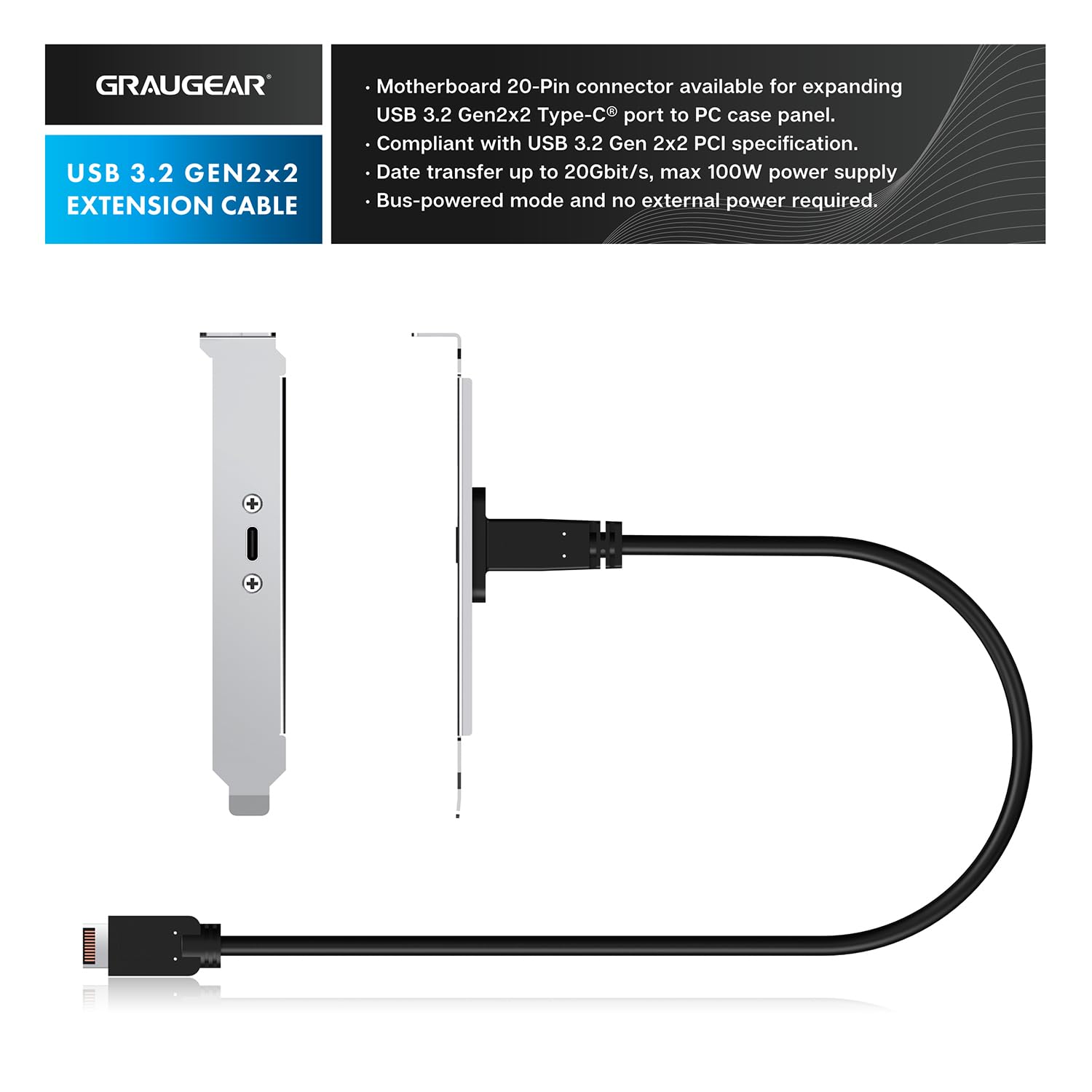 GRAUGEAR 20Gbps USB 3.2 Gen 2x2 USB-C Front Panel Adapter Motherboard Extension Cable Type-E Key-A 20-Pin with PCIe Bracket Metal Silver 23.6 in