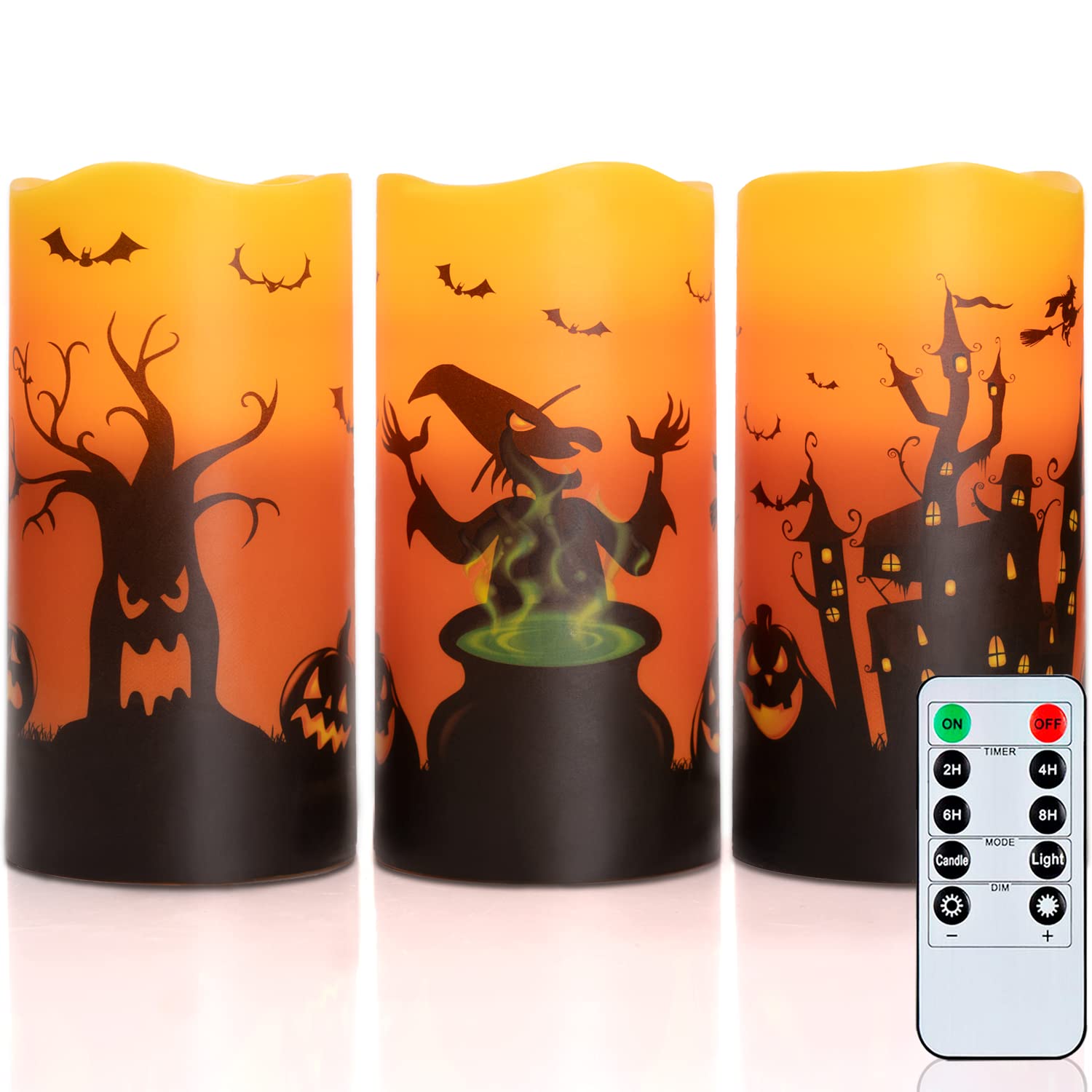 Homemory Halloween Candles, Orange Flameless Candles, Real Wax Flickering Battery Operated Led Pillar Candles With Remote Timers