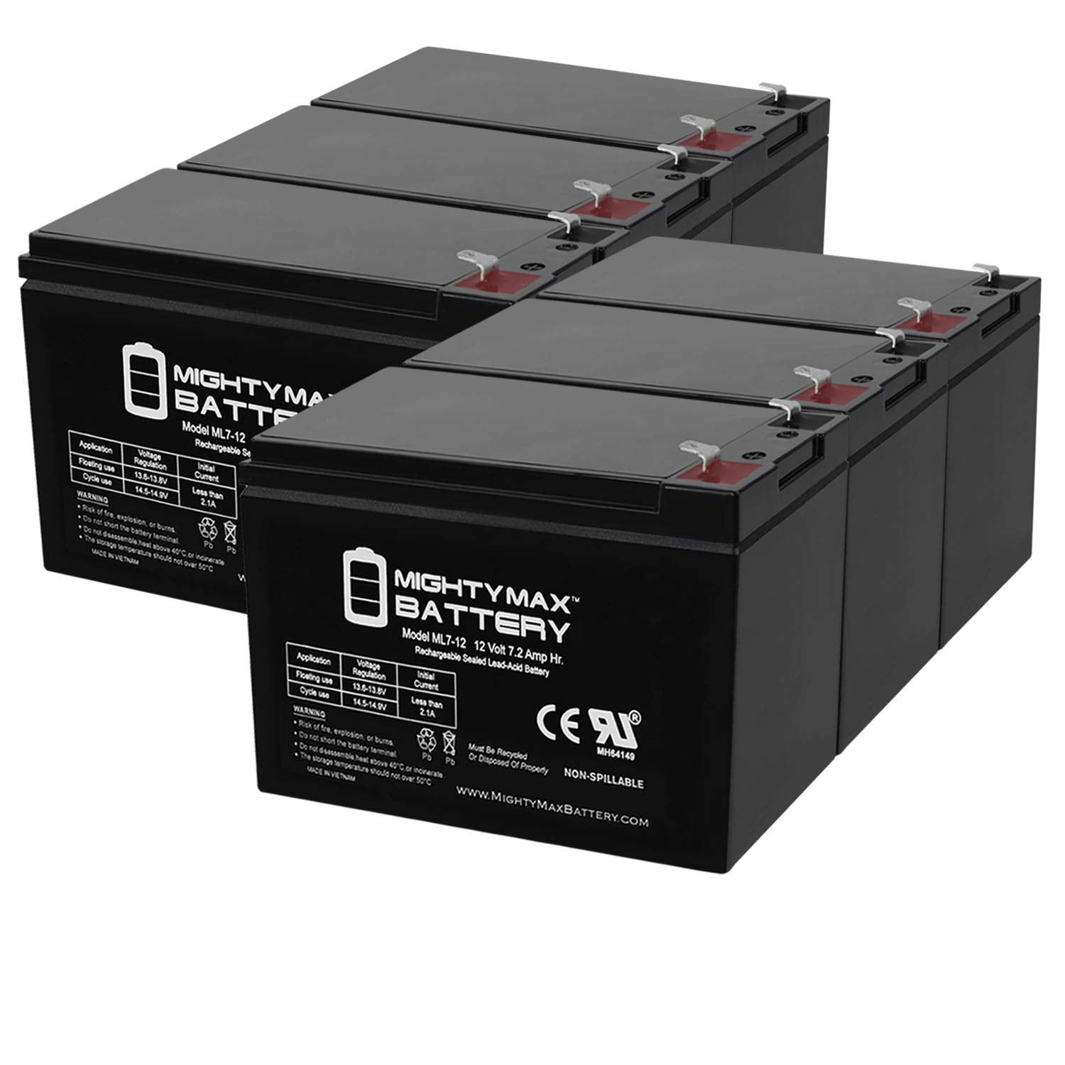 Mighty Max Battery ML7-12 - 12 Volt 7.2 AH SLA Battery - Pack of 6