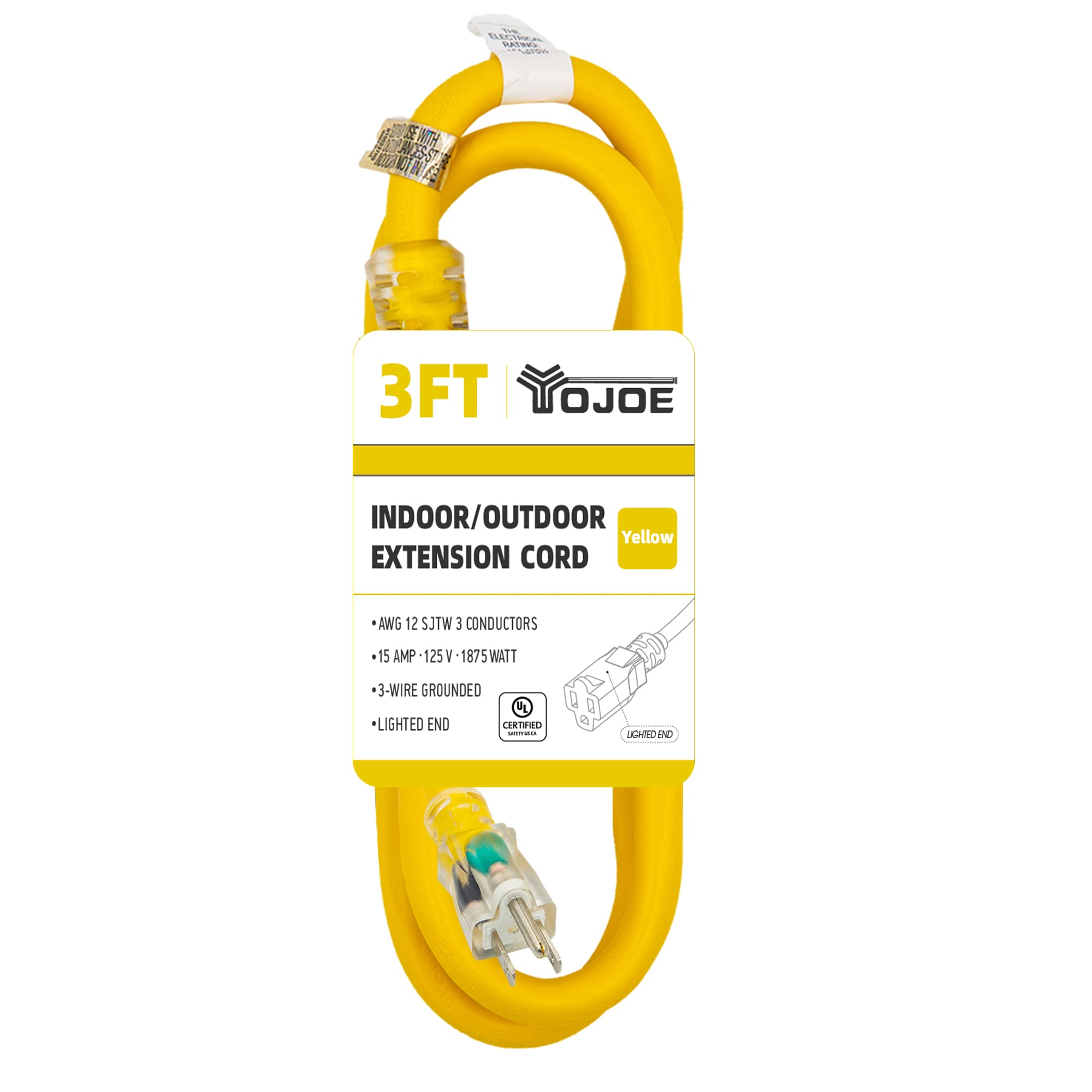 Yojoe Indoor Outdoor Extension Cord With Lighted End, 3 Prong 15A Weatherproof Power Extension Cord, 12 Gauge Heavy Duty 3 Ft Ye