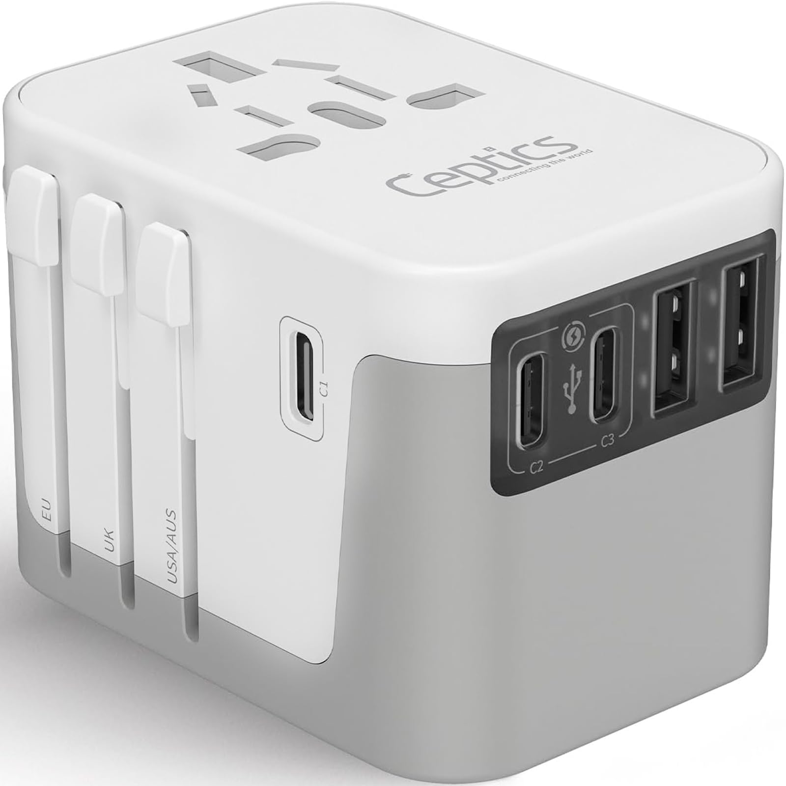 Ceptics 6 In 1 Universal Travel Adapter, Universal Outlet W/ 2X Usb A And 3X Usb C 6A, Travel Power Adapter For Use In Eu, Uk, U