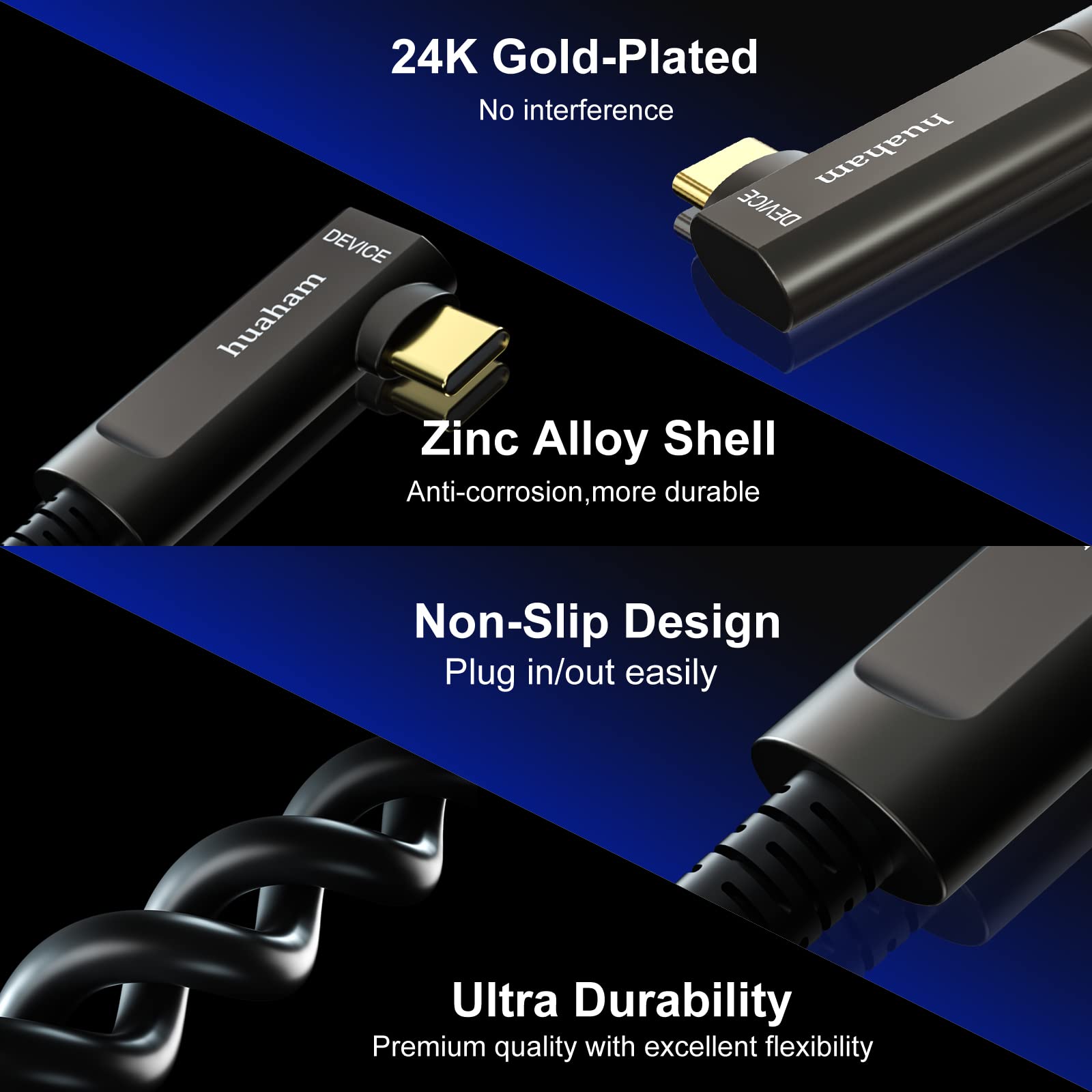 Huaham Usb A To Usb C Fiber Optic Cable Right Angled 50Ft, Usb 3.1 Type C 10Gbps Gen2 Long Distance Transmission Usb C Cable Compatible With Logitech Camera, Microsoft Azure, Vr/Ar, Touch Screen