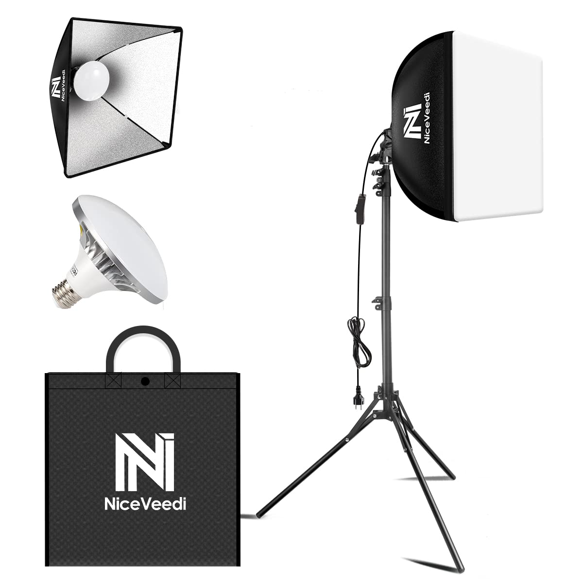 Softbox Lighting Kit, Niceveedi 16'' X 16'' Softbox Photography Lighting Kit With 63    Tripod Stand & 5400K 450W Equivalent Led