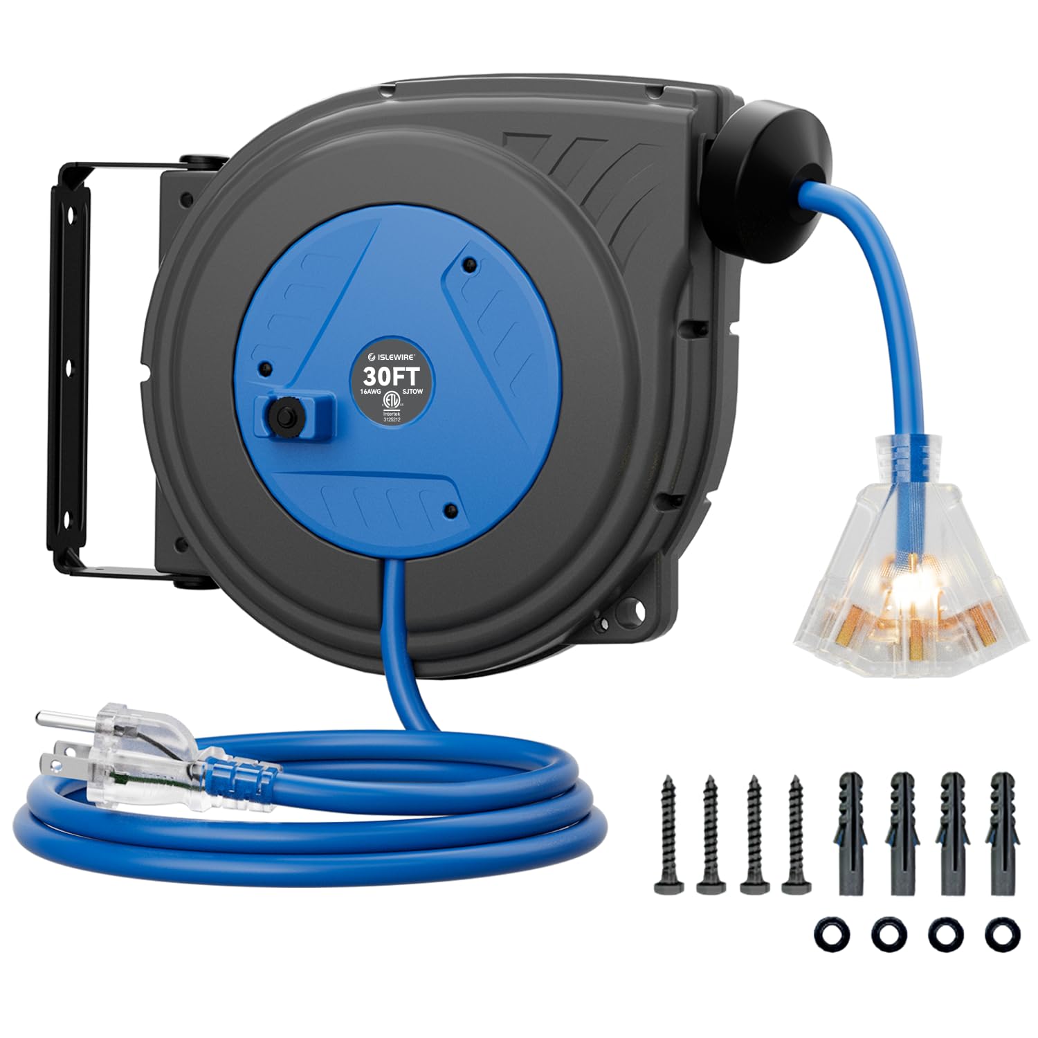 30FT Retractable Extension Cord Reel, 16AWG/3C SJTOW Heavy Duty Power Cord Reel with Lighted Triple Outlets, 10A Circuit Breaker