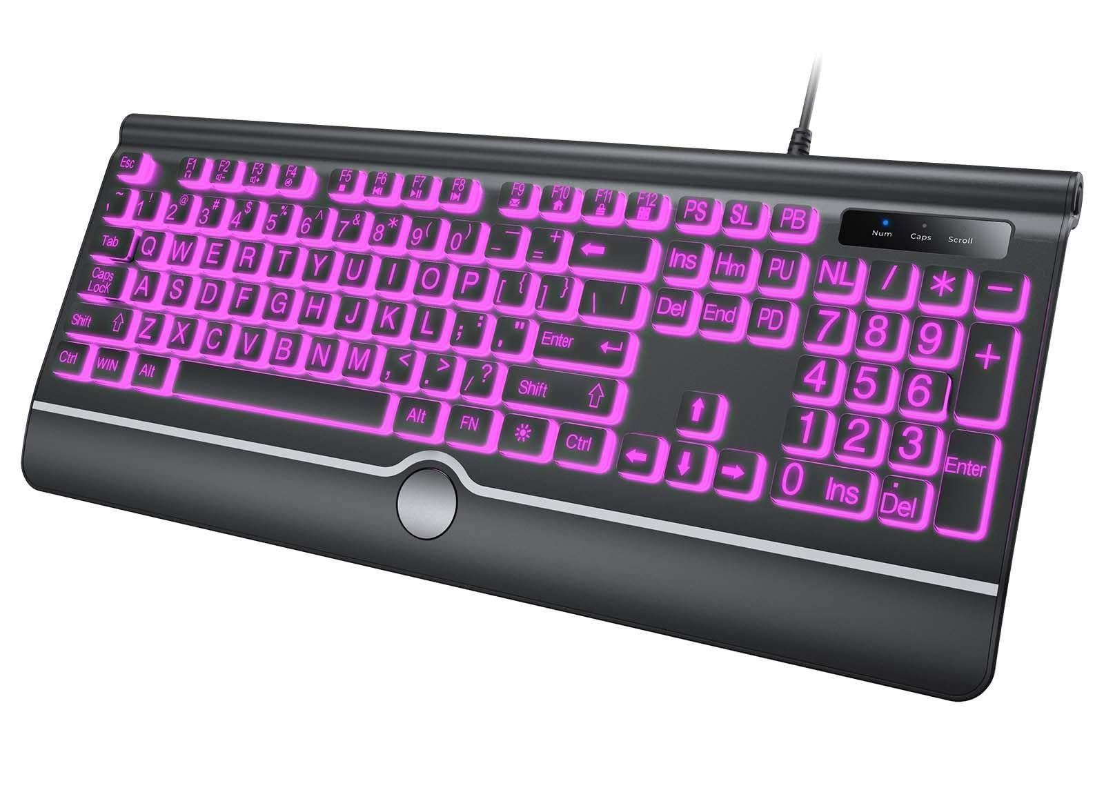 Backlit Large Print Keyboard, Wired Light Up Keyboards with 7-Color Backlit, Wrist Rest, Oversize Letters Keys Easy to See and T