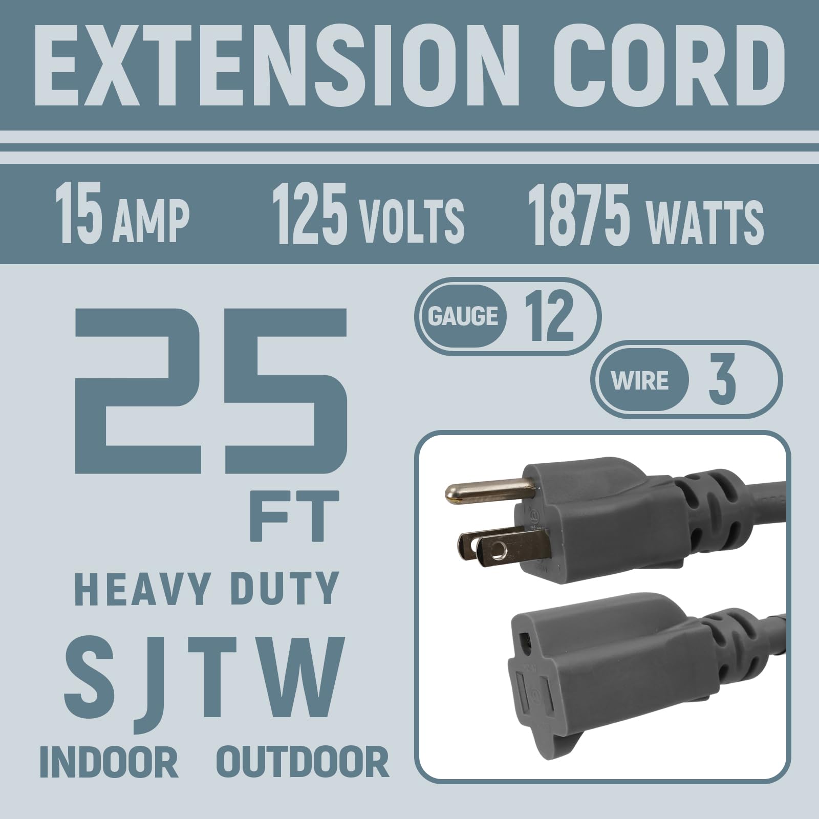 Greenprosper Outdoor Extension Cord   12/3 Sjtw Heavy Duty Grey Extension Cable With 3 Prong Grounded Plug   Power Cord For Lawn