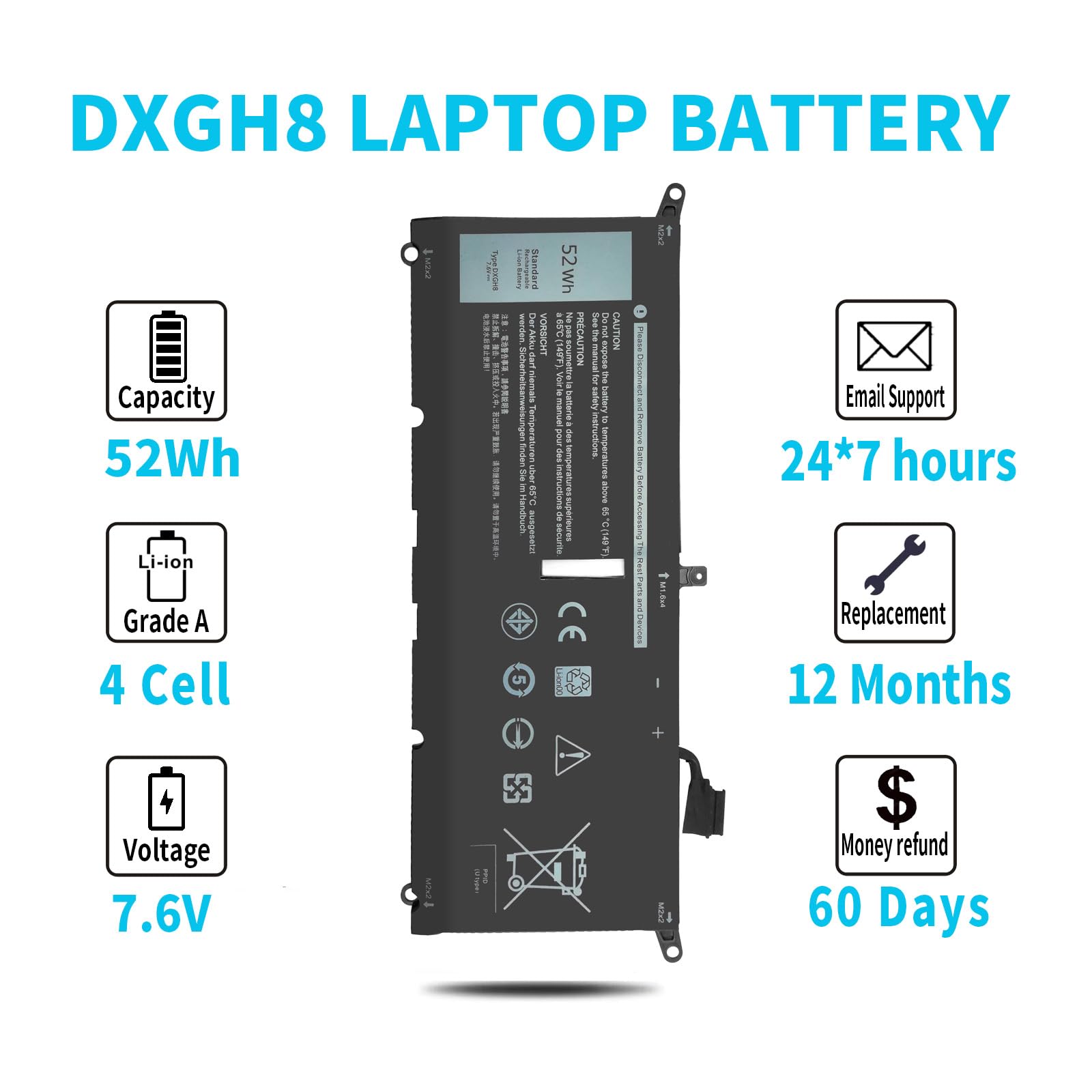 52Wh Dxgh8 7.6V Battery For Dell Xps 13 9370 9380 Inspiron 13 7390 7391 2 In 1 5390 5391 14 7490 Latitude 3301 Vostro 13 5390 53