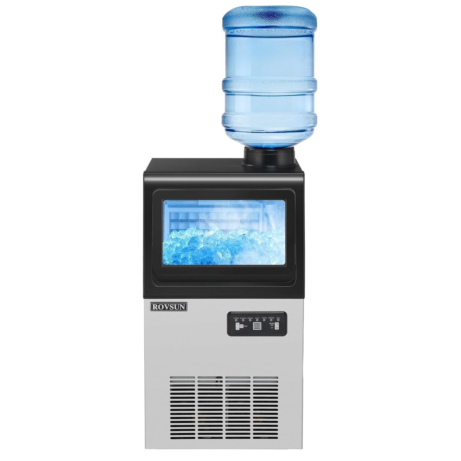 Rovsun 90Lbs/24H Commercial Ice Maker With 2 Water Inlets, Stainless Steel Ice Machine Countertop & Freestanding For Restaurant 