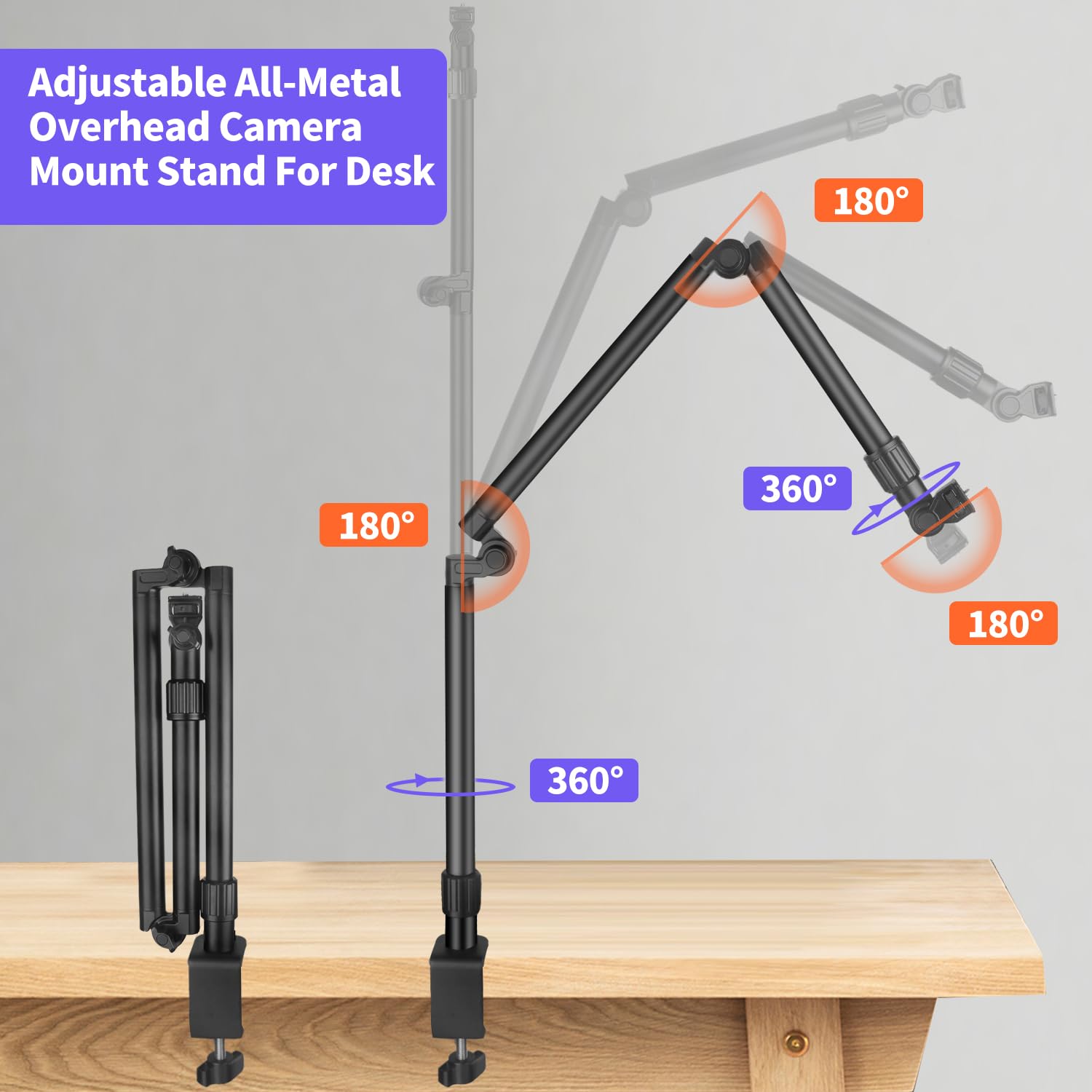 Jinsui 37'' Overhead Camera Mount Desk Stand, 3-Section 360 Adjustable Articulating Metal Arm With 1/4'' Screw And Phone Holder,
