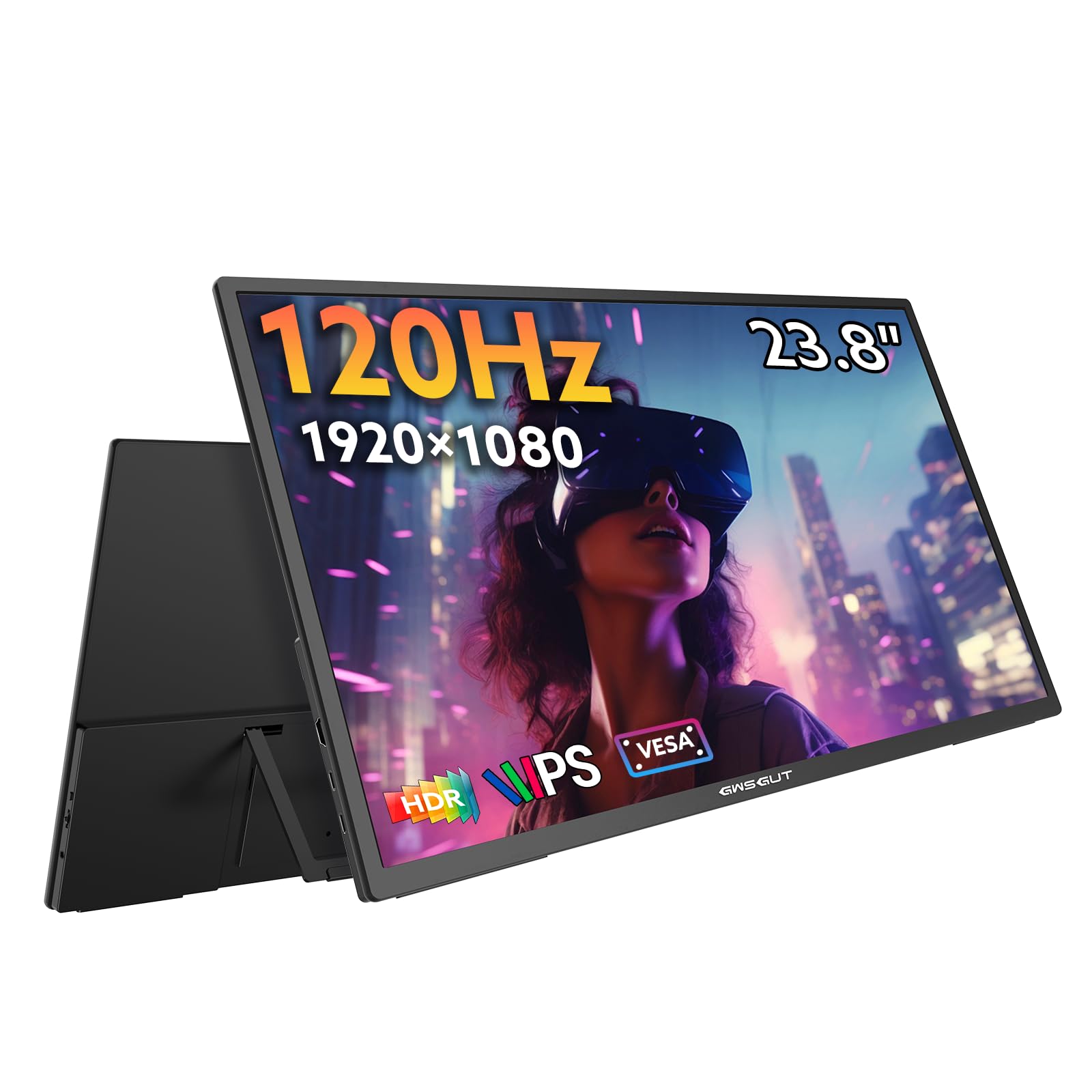 GWSGUT 23.8 Portable Monitor FHD 1080P 120Hz, VESA USB-C HDMI Laptop Screen Extender, Built-in Stand Speakers for Laptop PC Ma