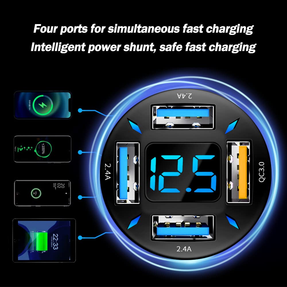 66W Fast Usb Car Charger Fast Charge With Voltmeter Led Light Display Car Charger Adapter Compatible For Iphone 14/13/12/11Pro/X