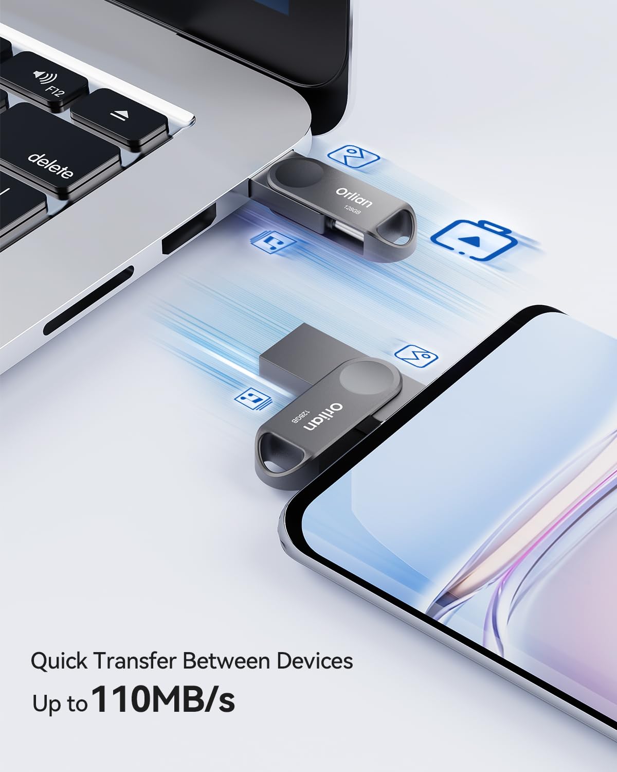 Orlian 128GB USB C Flash Drive Dual USB 3.0 Type C Metal Waterproof Swivel Grey