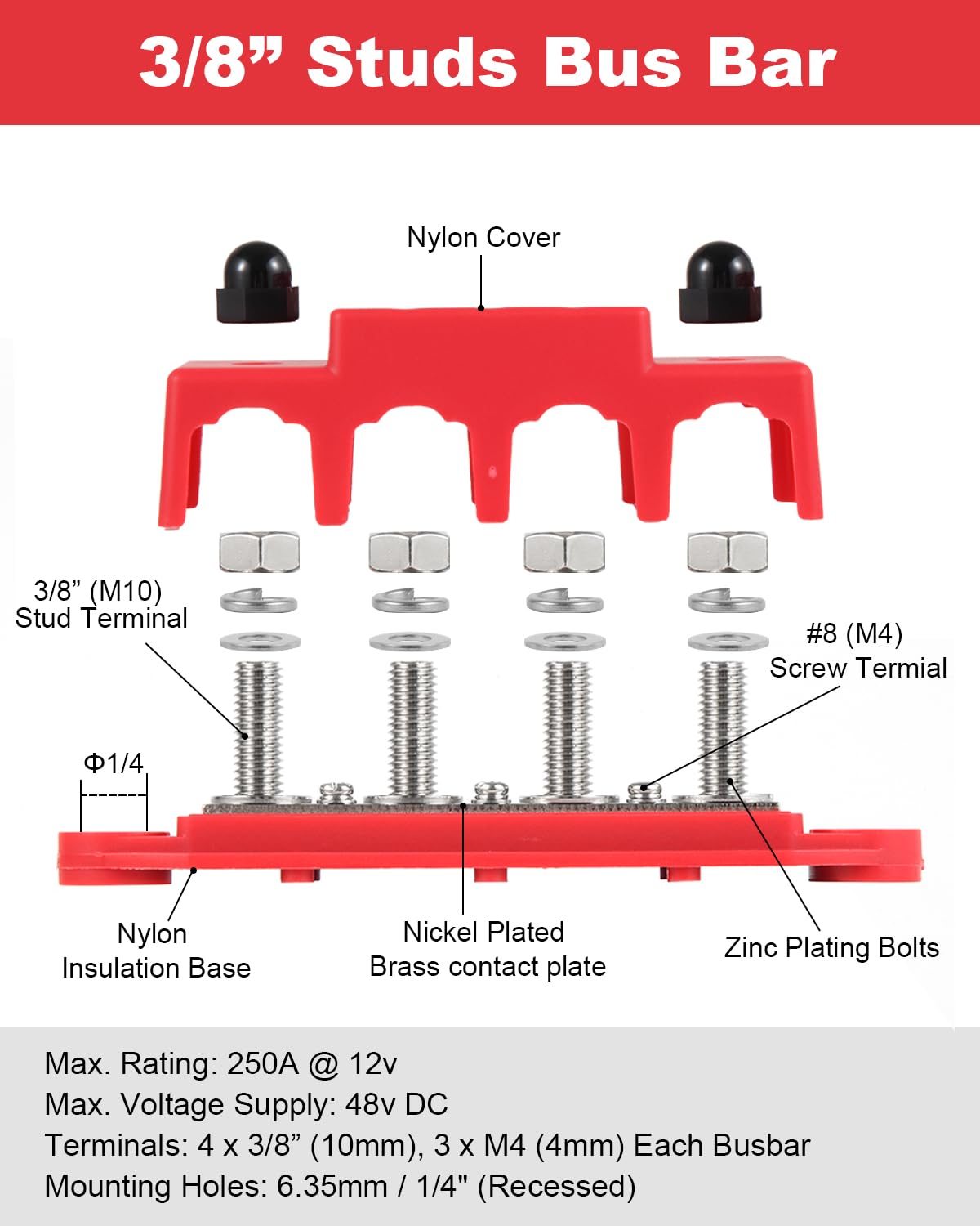 Gioyonil 12V Bus Bar Power Distribution Block 3/8, 4 Post Max 48V 250A Heavy Duty Battery Terminal Junction Block Busbar With Co