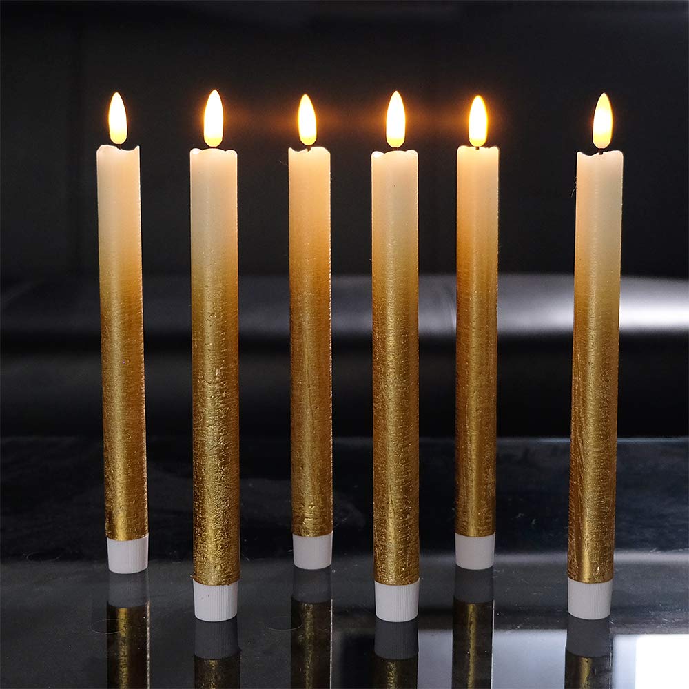 Wondise Flickering Flameless Taper Candles With Remote And Timer, Battery Operated Real Wax 3D Flame Gold Candles For Wedding Ho