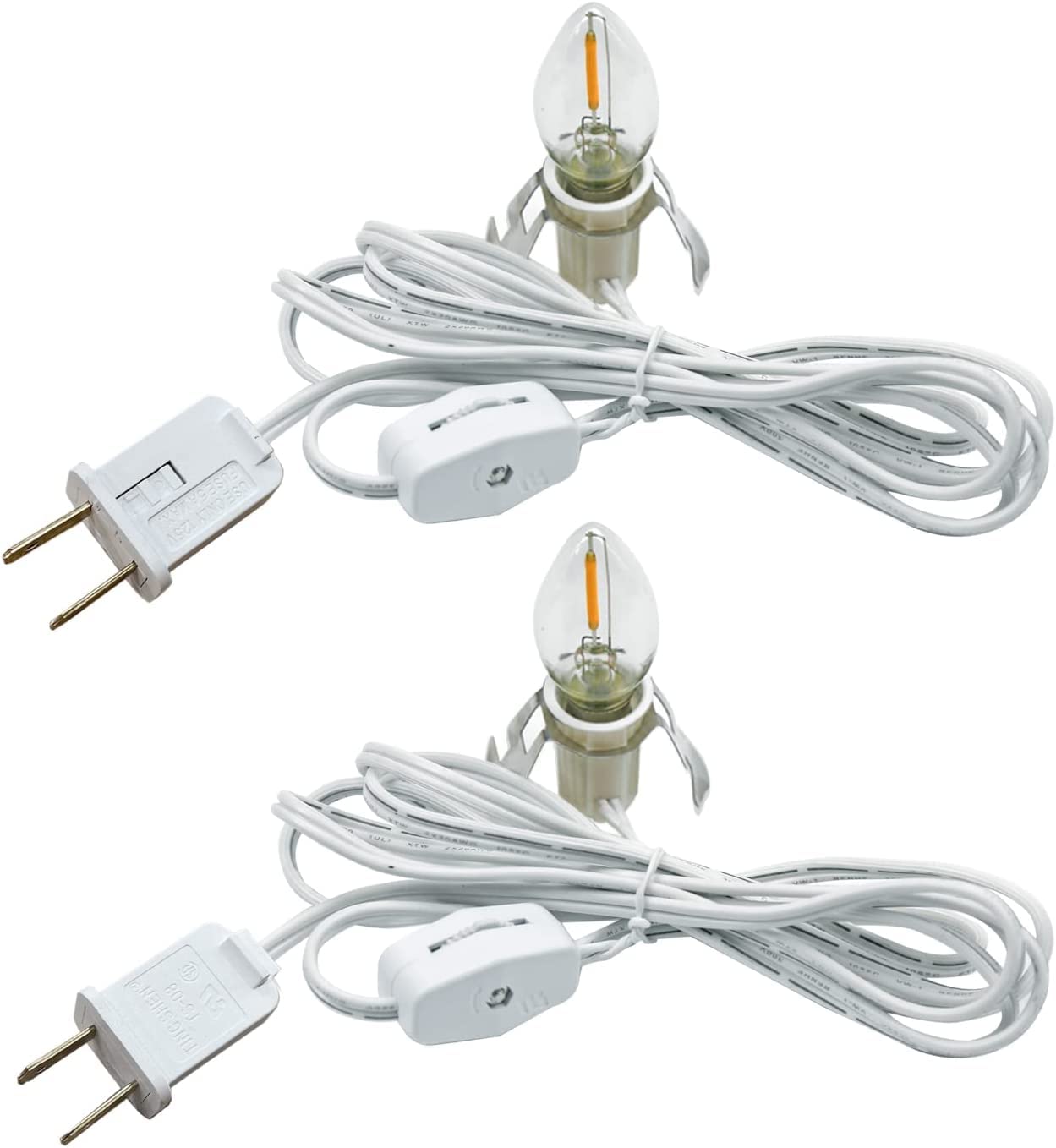 2 Pack Accessory Cord With 2 C7 Led Light Bulb Candelabra Base E12 Socket White Cord With On/Off Switch Plugs For Holiday Decora