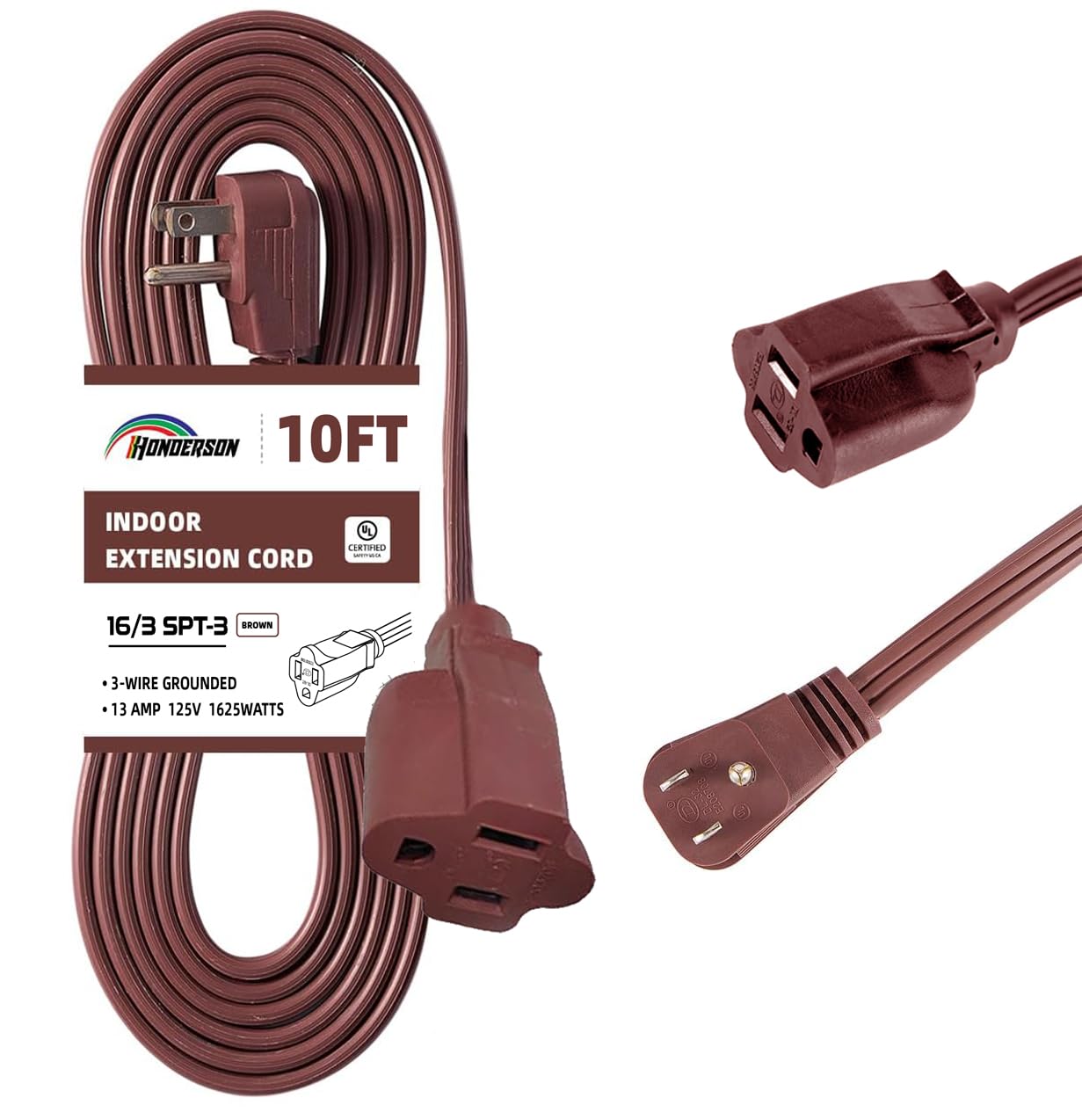 Honderson Flat Plug Extension Cord, Ul Listed, Indoor Extension Cord 16 Gauge 10Ft Brown, 16/3 Spt 3 13A 3 Prong Grounded Power