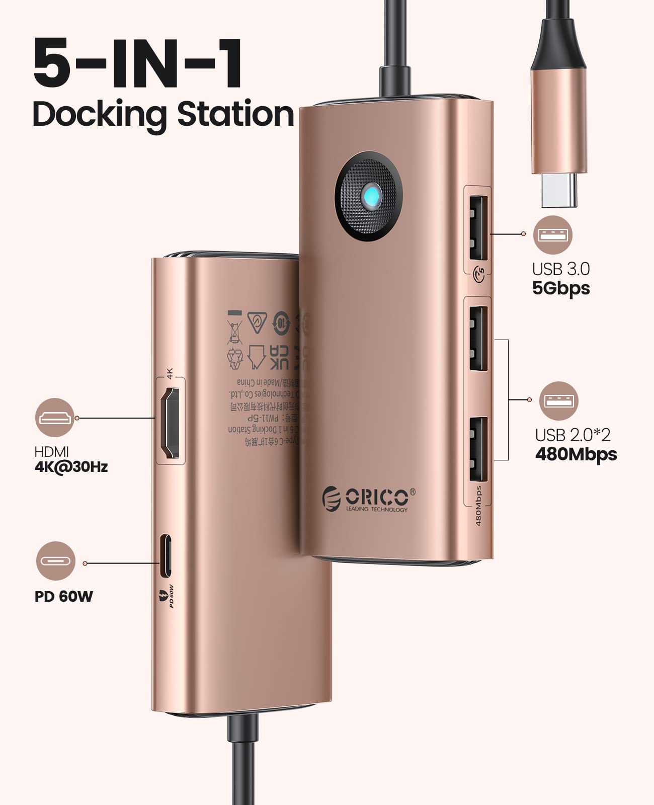 Usb C Hub, Orico 5 In 1 Usb C Docking Station With 4K Hdmi, 60W Power Delivery, Usb 3.0 5 Gbps And 2 Usb 2.0 Data Ports Usb C Do