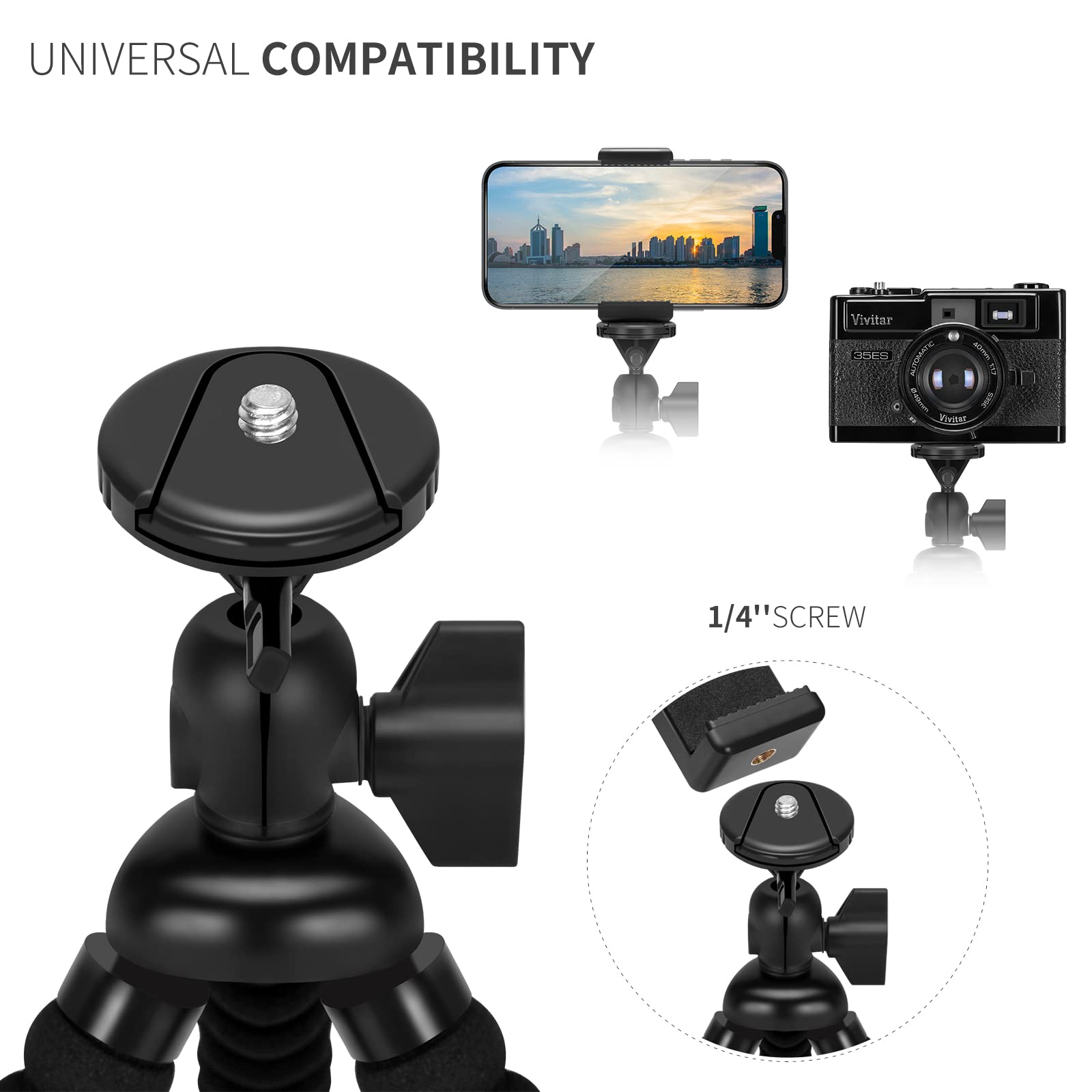 Mini Cell Phone Flexible Tripod Holder, ZTON Adjustable Mobile Phone Mount, Universal Octopus Stand for iPhone, Samsung, Camera (S Black)