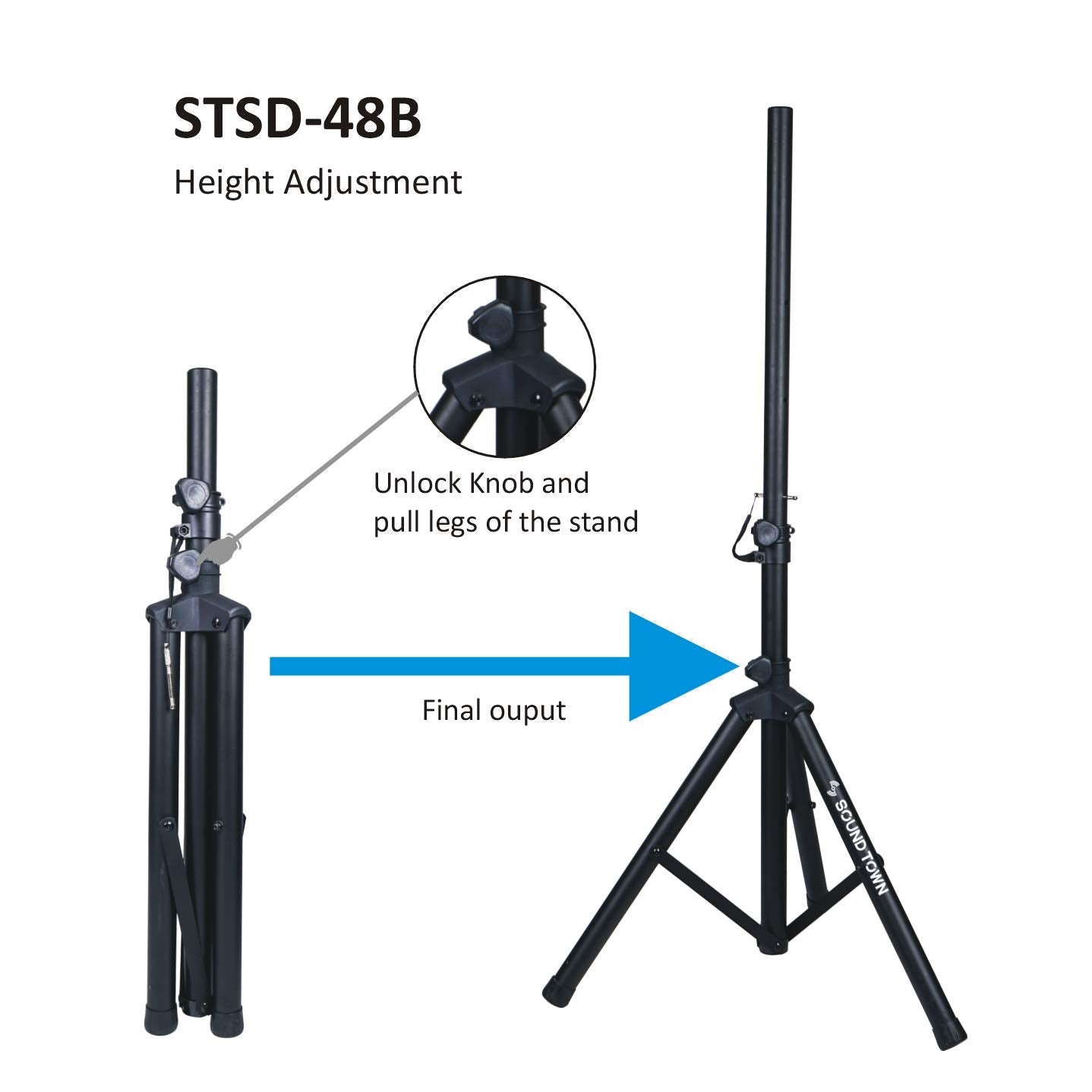 Sound Town 2-Pack Universal Tripod Speaker Stands With Adjustable Height, 35Mm Compatible Insert, Locking Knob And Shaft Pin, Bl
