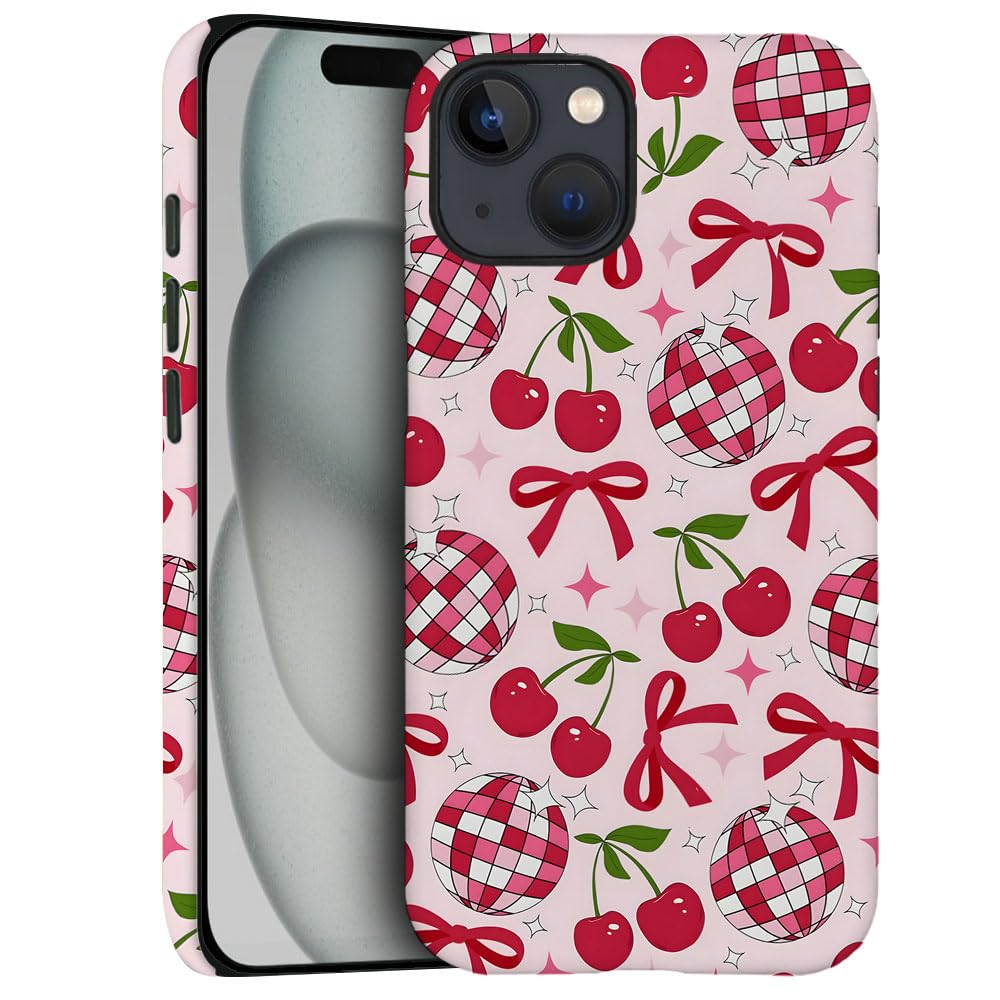 Generic Case for iPhone 14 - [Drop Protection Phone Cover] - Hybrid Case for Girl Women - Disco Bow Cherry Ball Ribbon