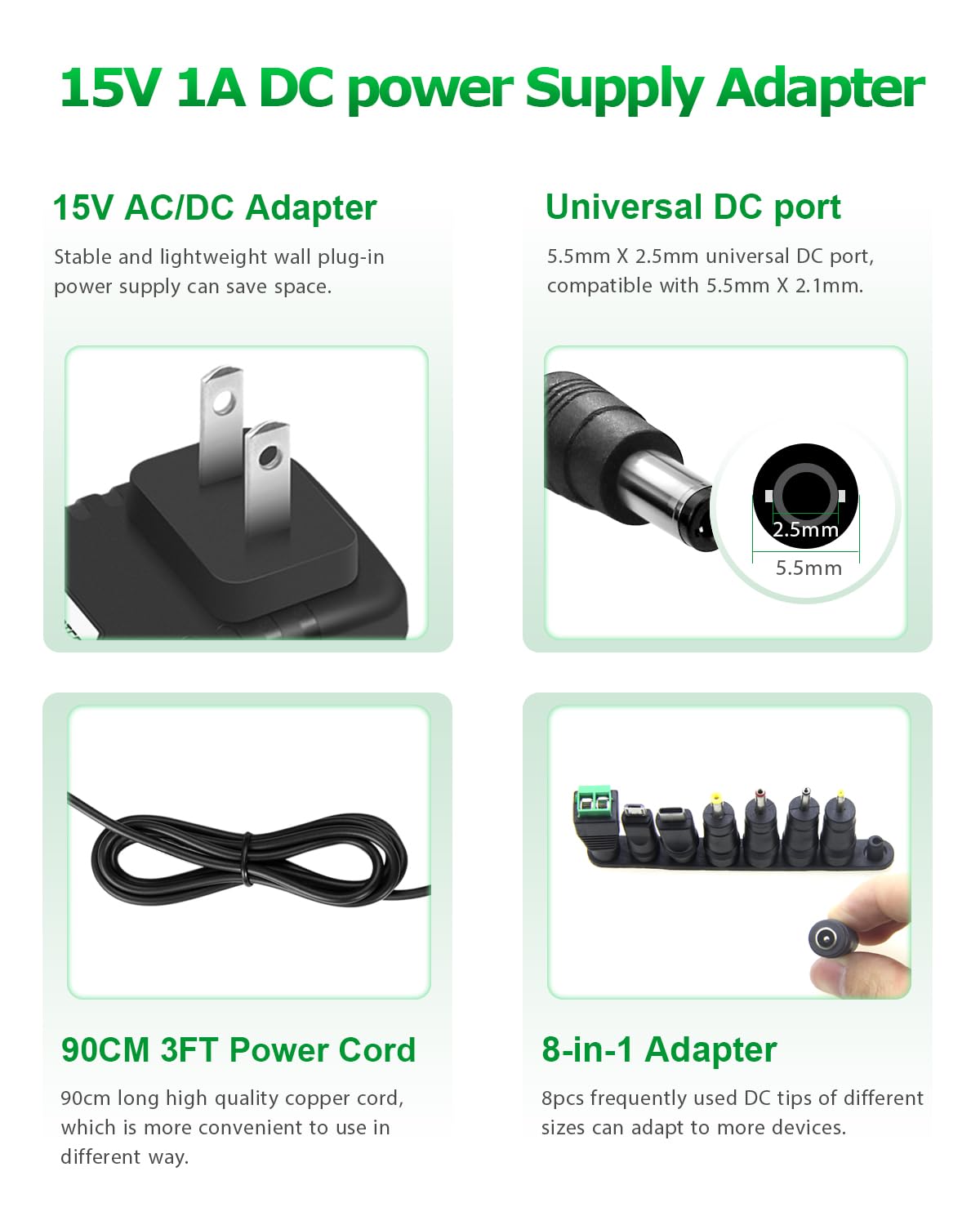 Arkare 15V 1A Dc Power Supply Adapter 15W Ac/Dc Charger Ac 100V 240V To Dc 15 Volt 1Amp 1000Ma 800Ma 500Ma 100Ma Replacement Pow