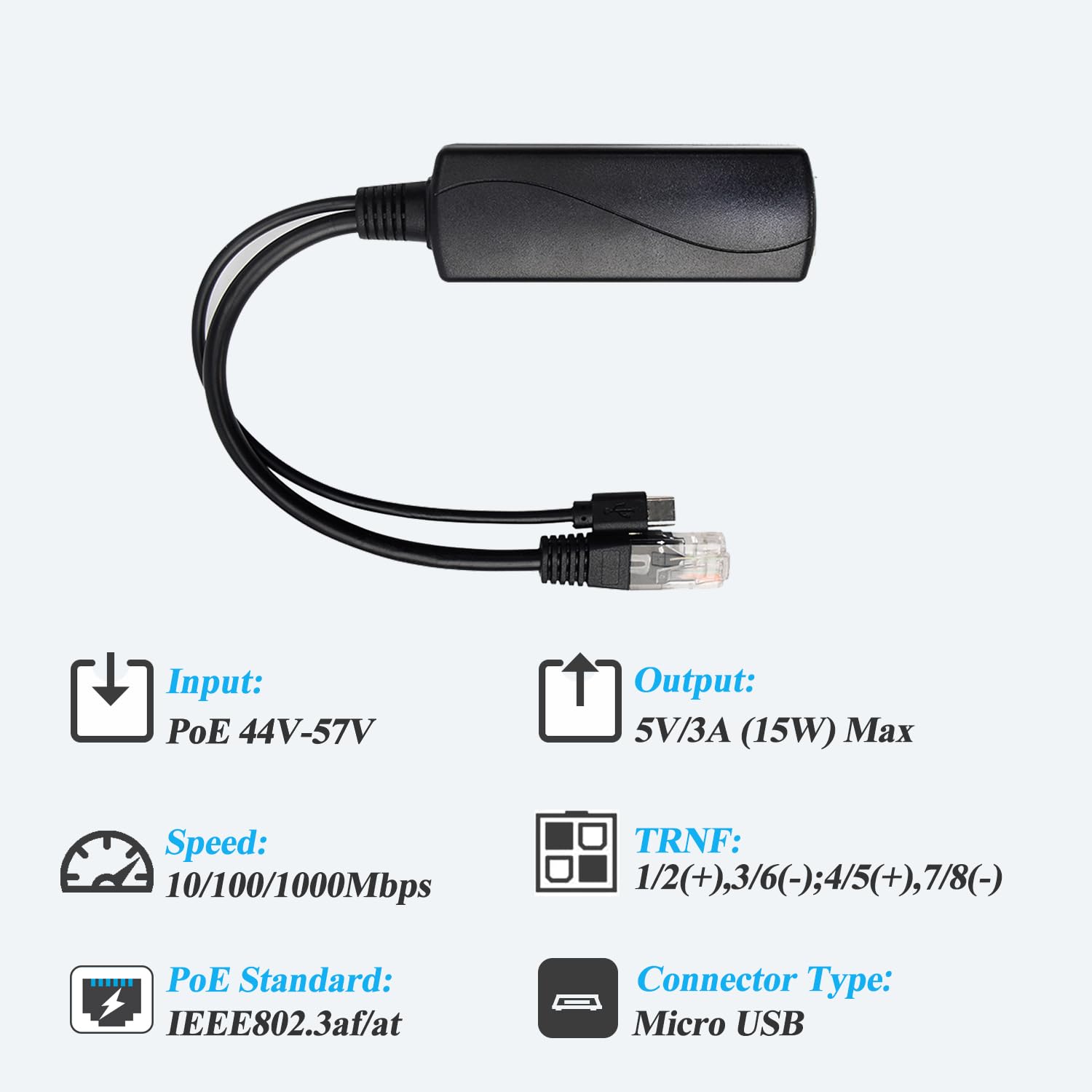 Revodata Micro Usb Port Poe Splitter Gigabit 5V/3A, Poe To Micro Usb 5V/3A Output, 1000Mbps Gigabit Ethernet Comply Ieee802.3Af/