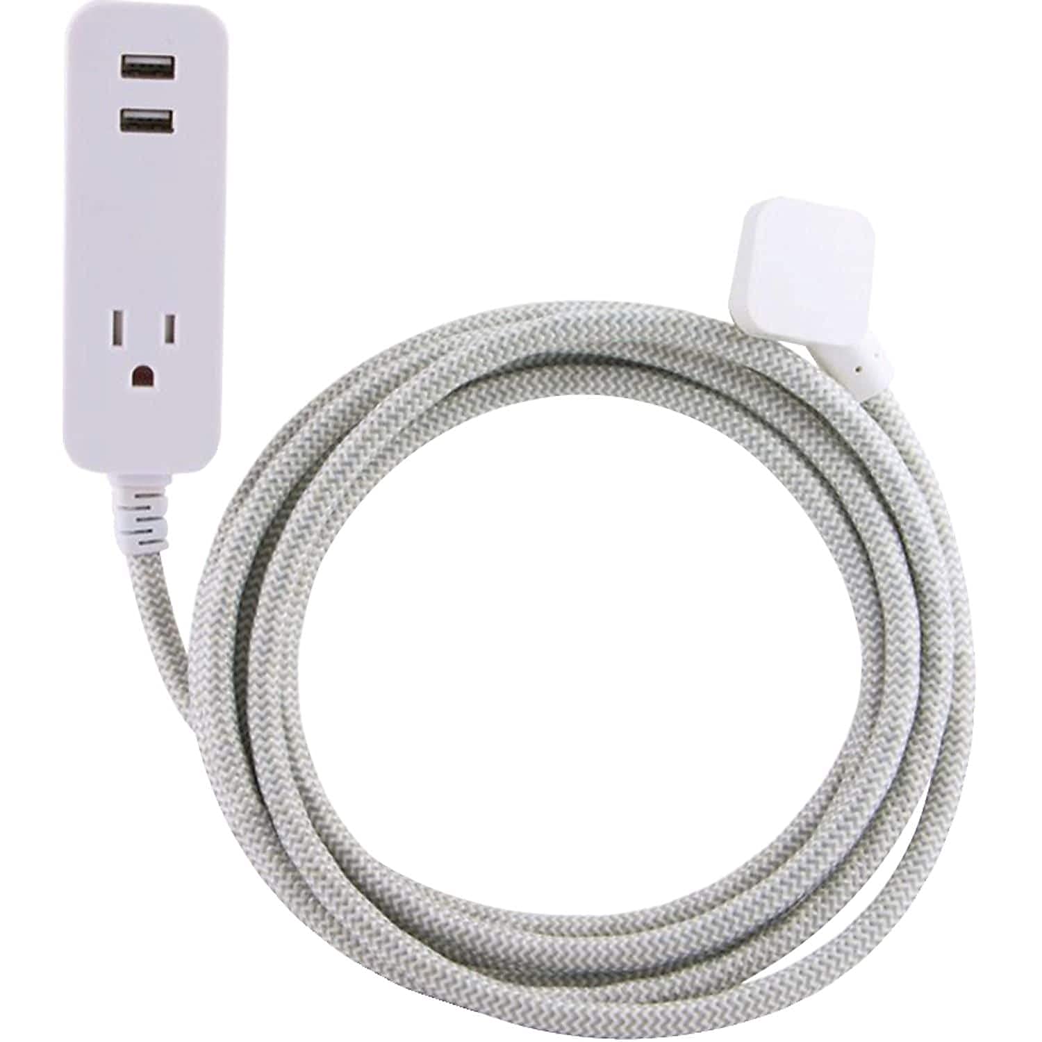 Cordinate Designer 1 Outlet 2 Usb Charging Extension Cord With Surge Protection, Gray Braided D  Cor Fabric Cord, 10 Ft, 2.4A Us