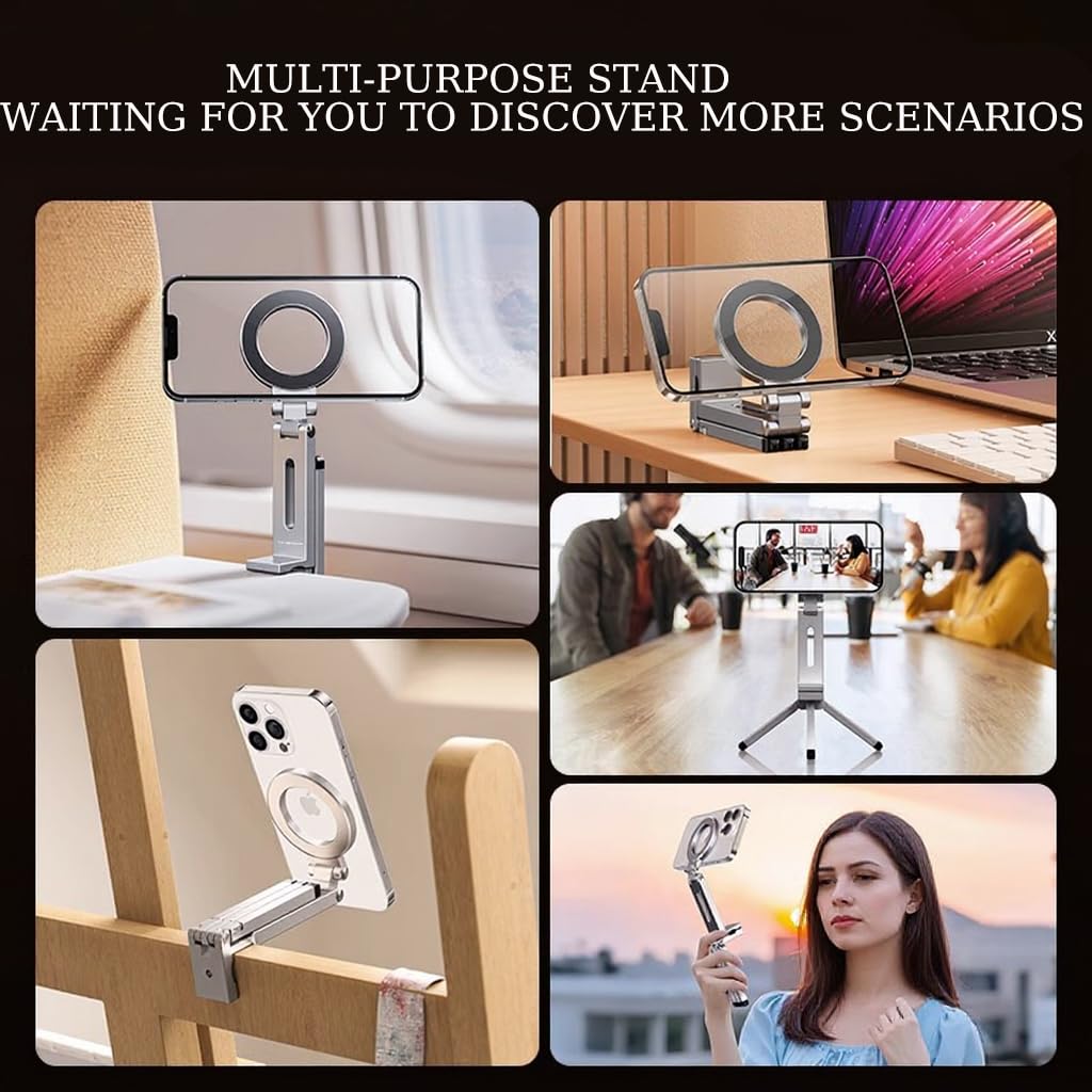 Esimen 4-In-1 Magnetic Selfie Stick Tripod For Magsafe, 360 Rotation Portable Pocket Size Phone Stand With Remote (Silver Alumin