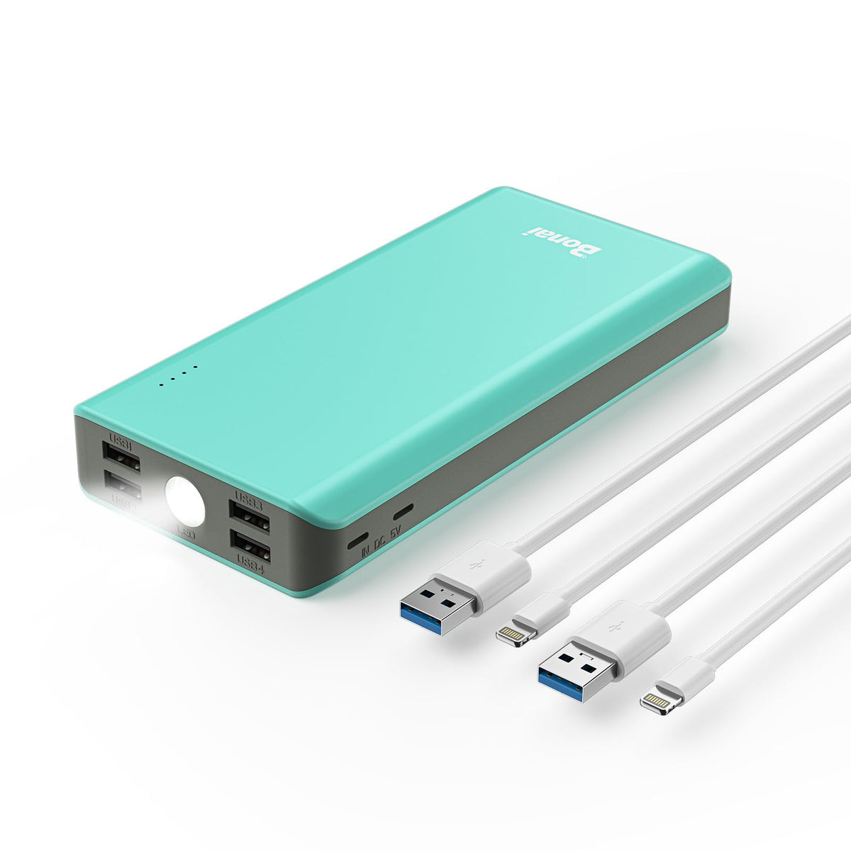 Bonai Portable Charger, 30000Mah Capacity External Battery Pack With Flashlight & 4-Usb Outputs & Dual Inputs & 2 8-Pin Cables, 