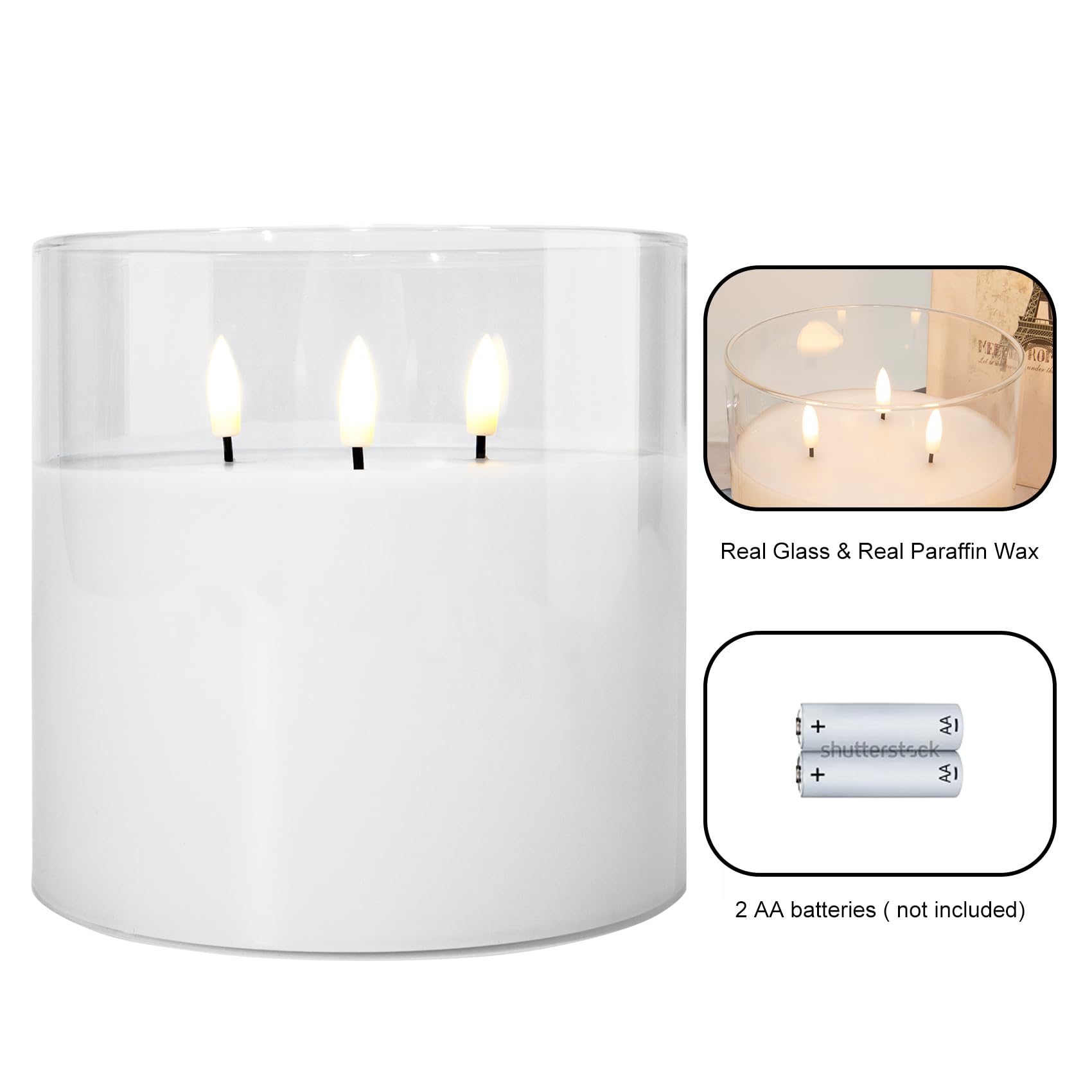 Eywamage 3 Wick Clear Glass Flameless Candle With Remote, Large Flickering Led Battery Pillar Candle F 6'' H 6''