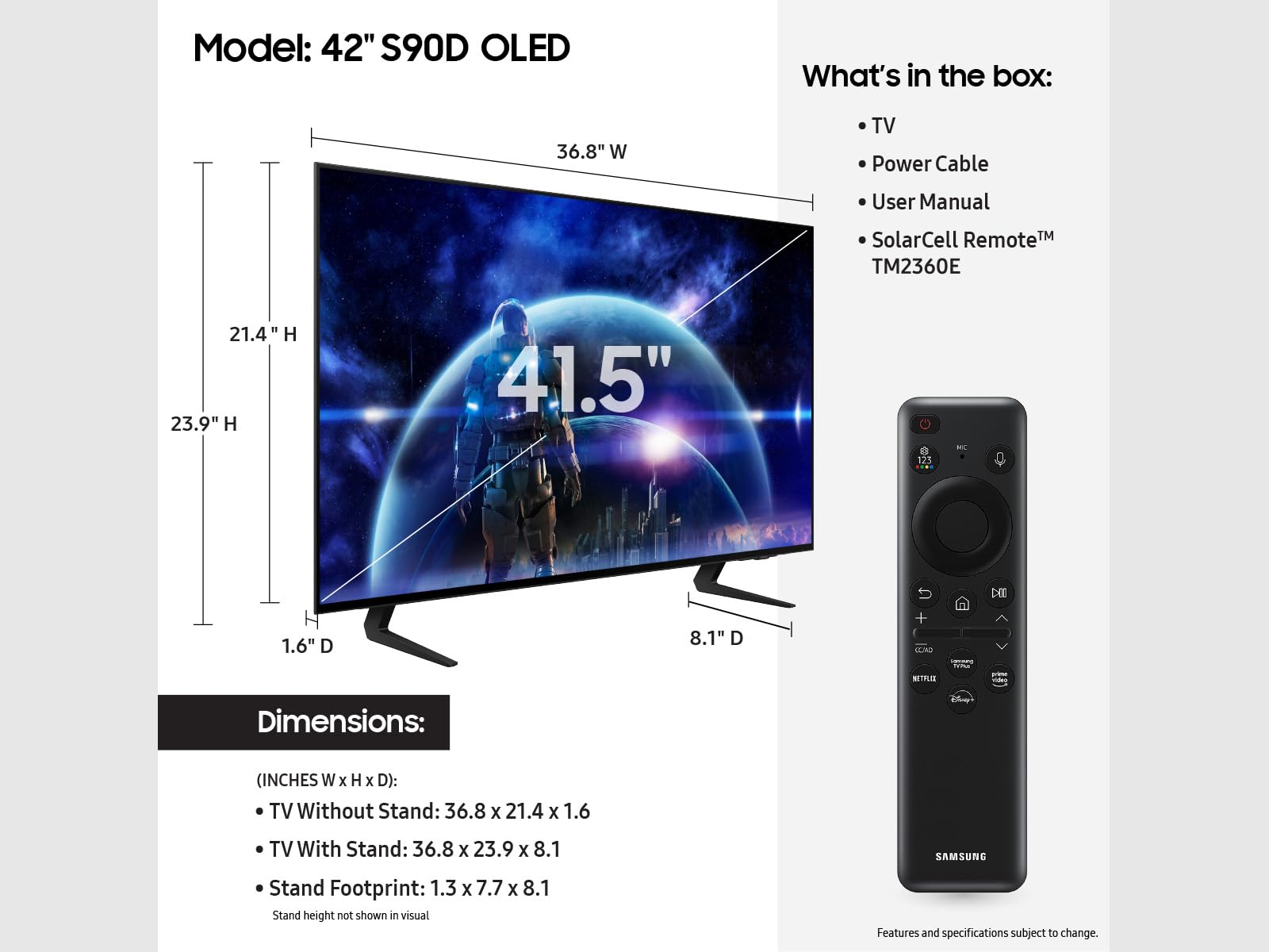 Samsung 42 Inch Class Oled 4K S90D Series Hdr Smart Tv W/Dolby Atmos, Object Tracking Sound Lite, Motion Xcelerator, Real Depth