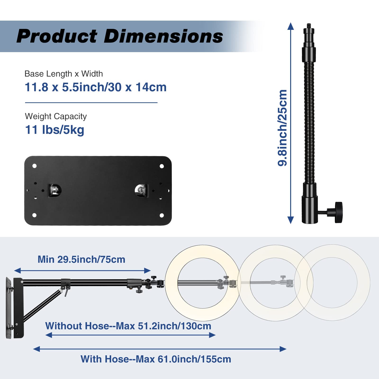 Ifongsh 51''/130Cm Adjustable Wall Mount Triangle Boom Arm With 9.8''/25Cm Metal Flexible Tube Arm, Support 180 Rotation For Rin