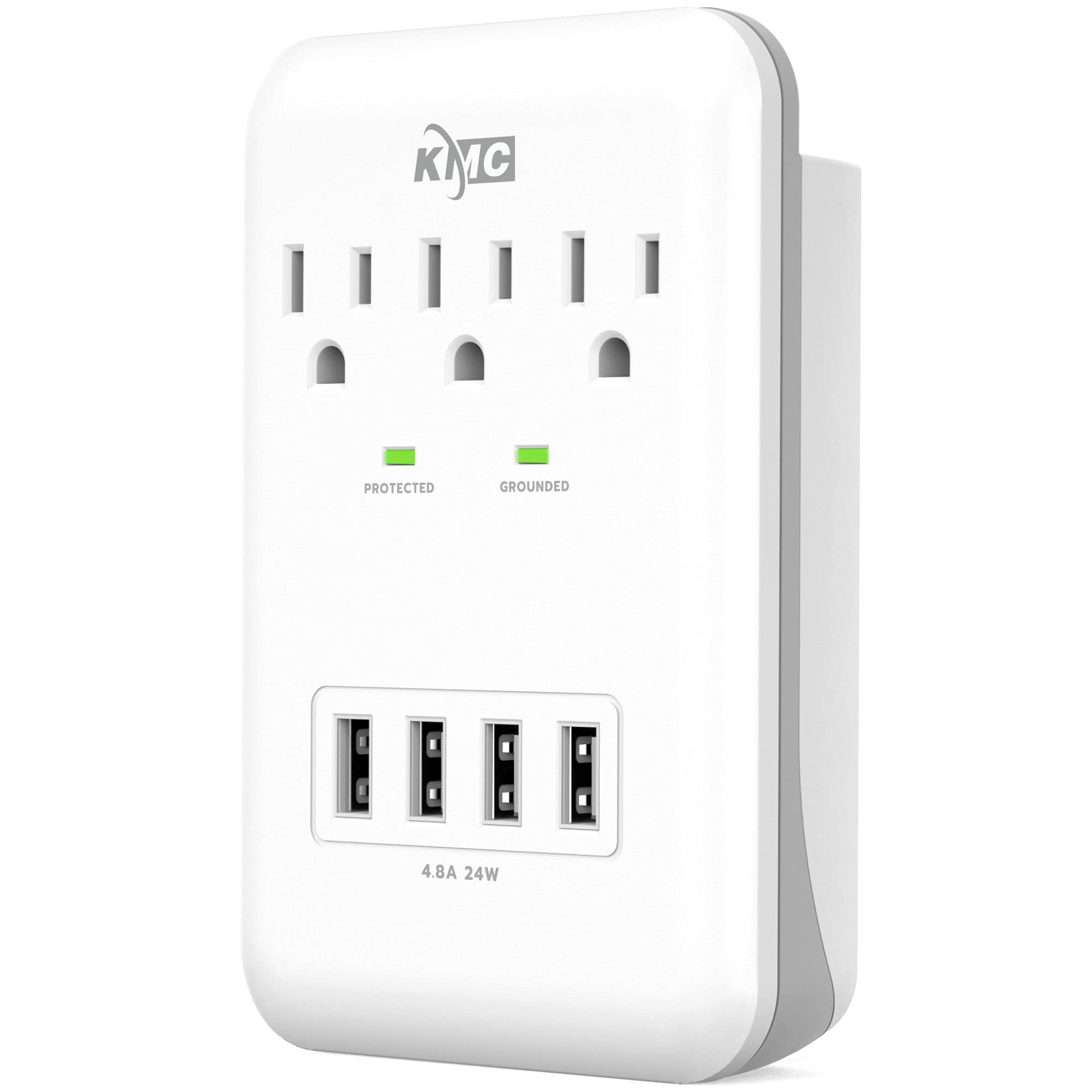 Kmc 3 Outlet Wall Mount Surge Protector, 900 Joules, 4 Usb 4.8 Amp Usb Charging Ports, Phone Holder Cradle For Home, School Or Office, Etl Certified