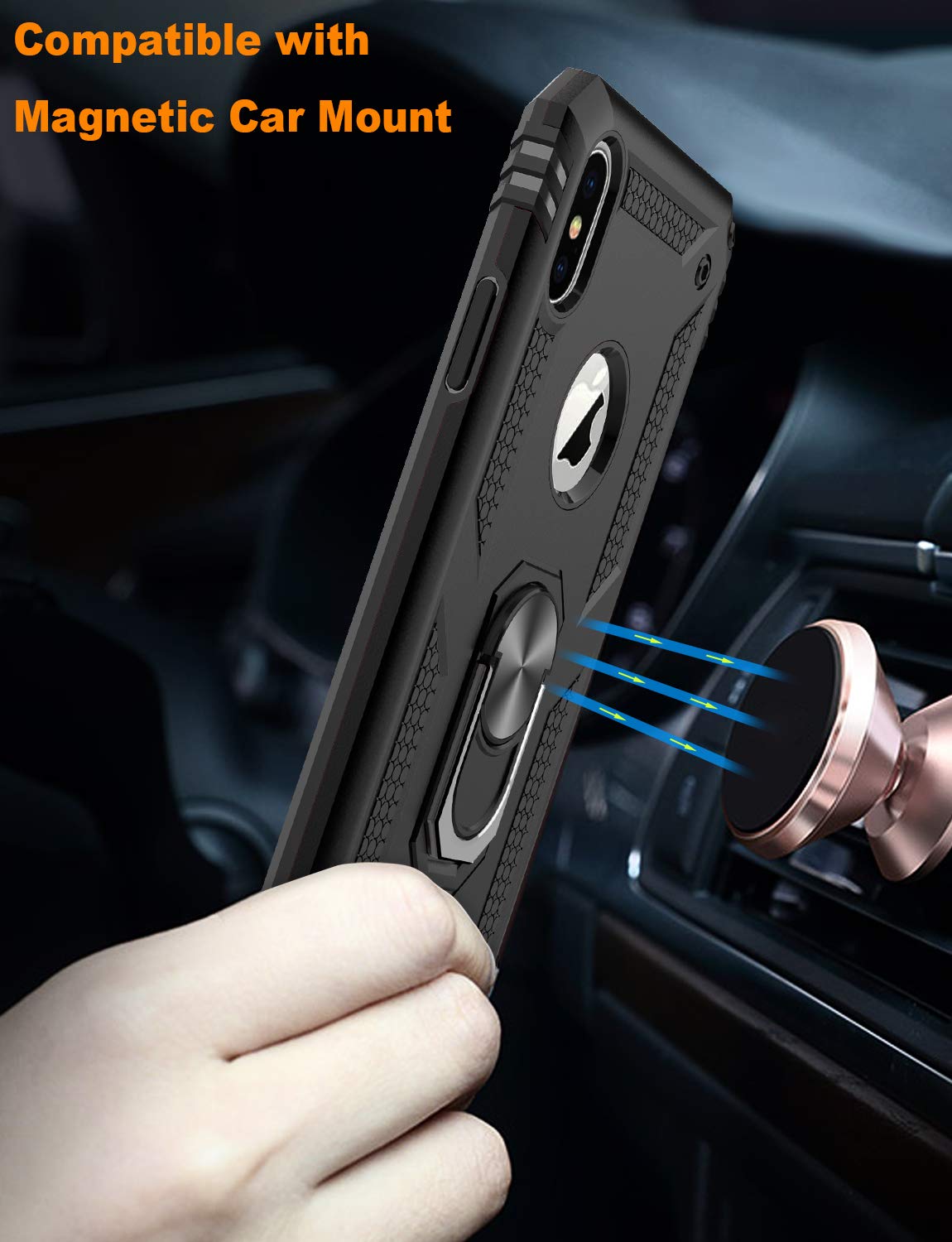 LUMARKE iPhone Xs Max Case Military Grade 16ft Drop Tested Magnetic Ring Kickstand Plastic Black