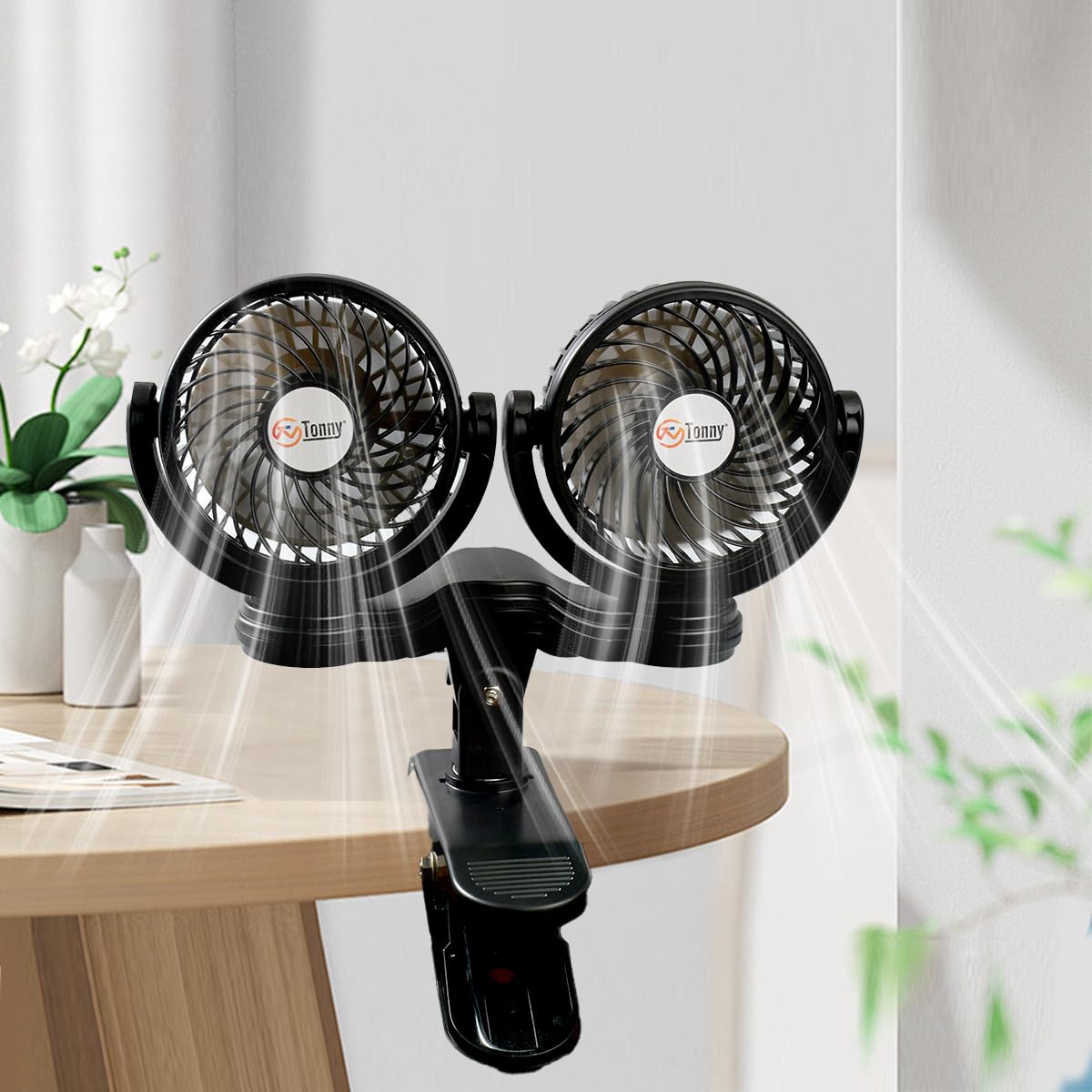 Brushless Motor Dual Head Clip Fan, Dc 12V Ac 110V 4 Inch Clip On Fan For Car And Home, 7 Blades Air Cooling Dual Head Fan With