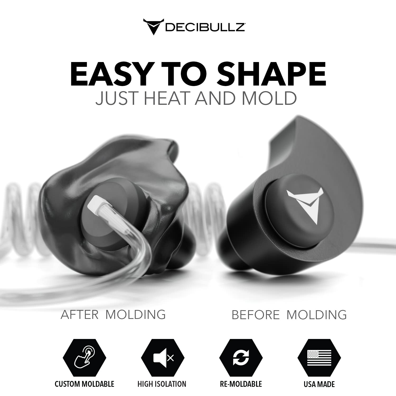 Decibullz Custom Molded Security Radio Surveillance Earpiece Set, Thermo-Fit Designed For Clear Acoustic Tube Radios, Isolation