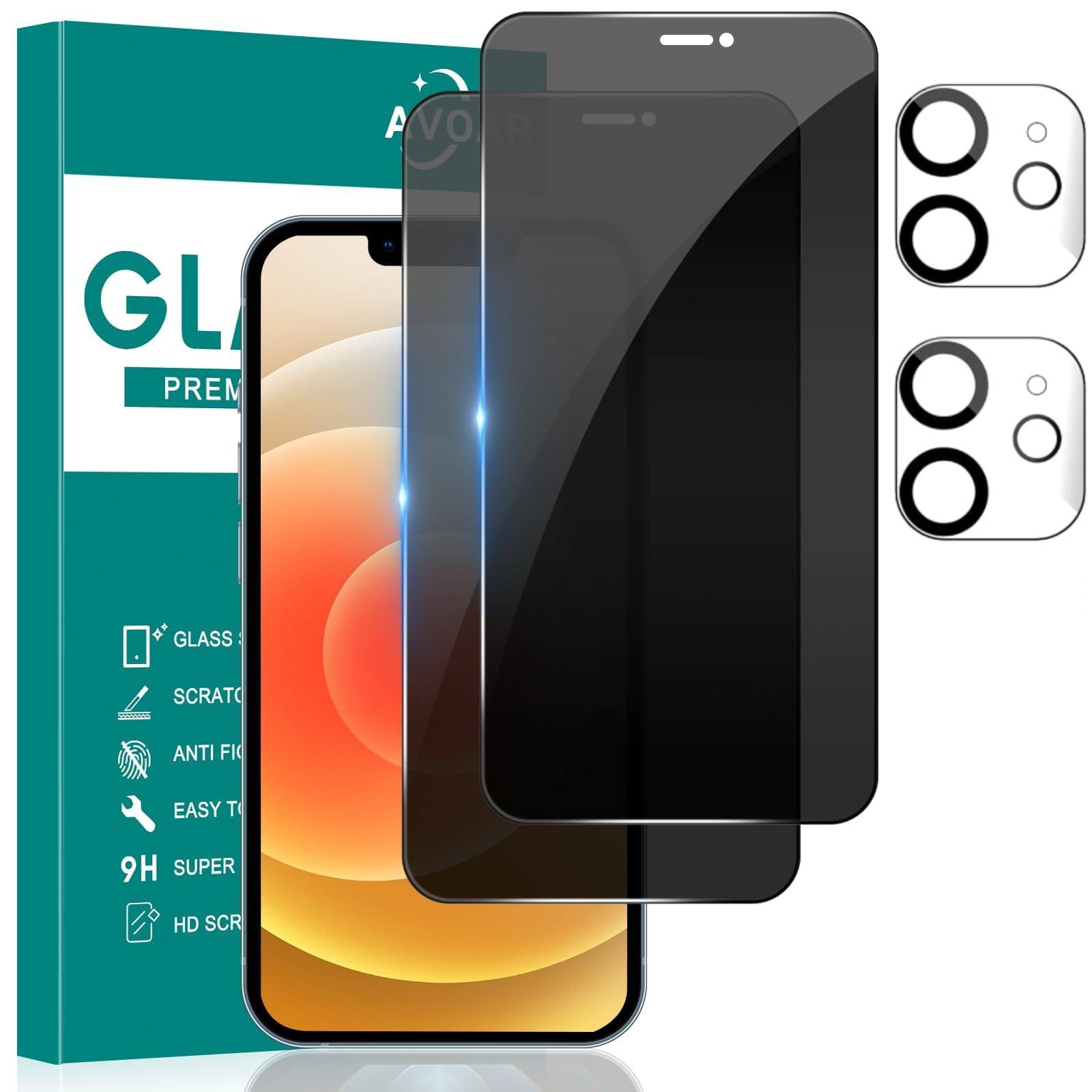 Avoar [2+2 Pack Privacy Screen Protector For Iphone 12 With Camera Lens Protector, 6.1 Inch Tempered Full Screen Glass Accessori