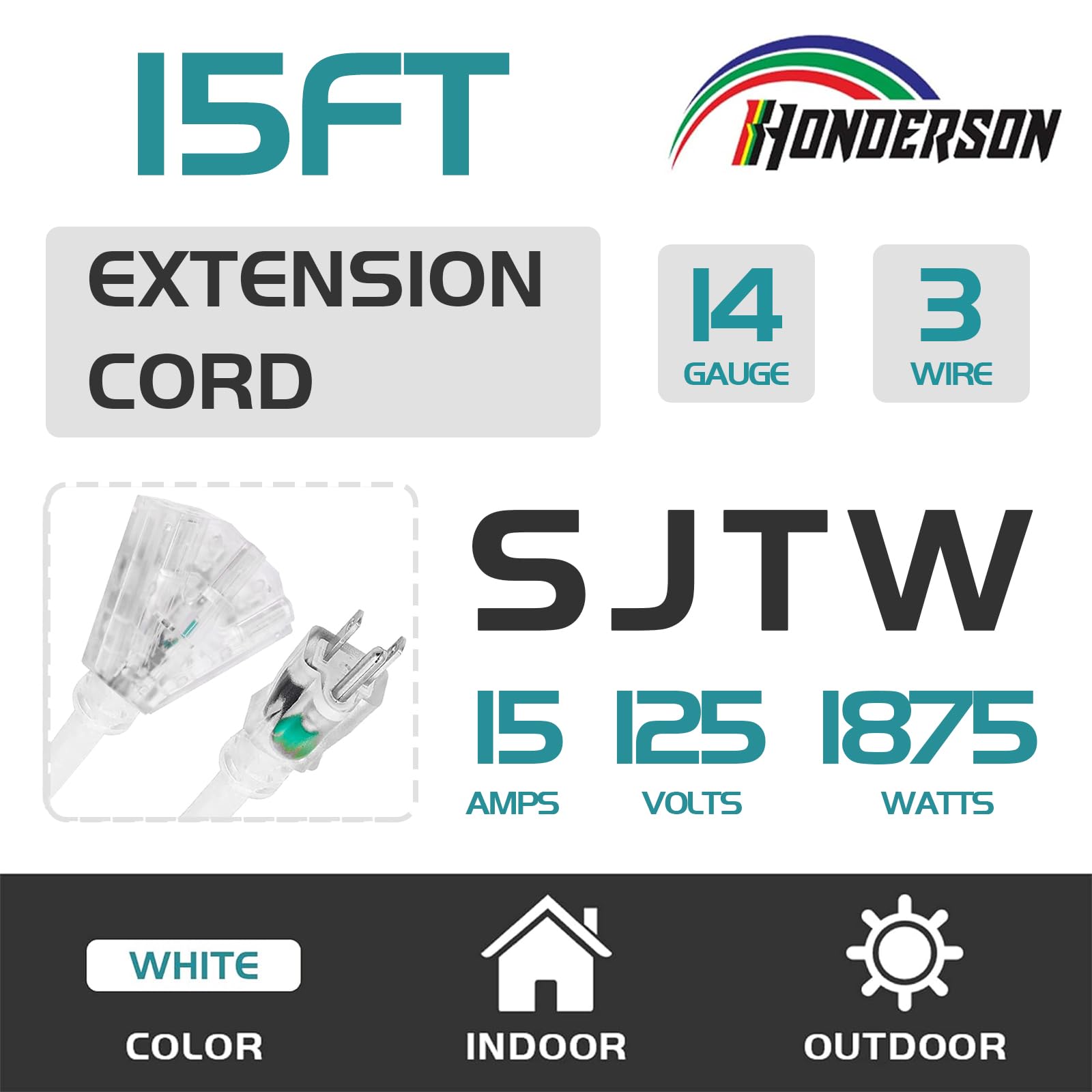 Honderson 3 Outlets Indoor Outdoor Extension Cord Weatherproof With Lighted End, Ul Listed, 14 Gauge 15Ft White 3 Prong Heavy Du