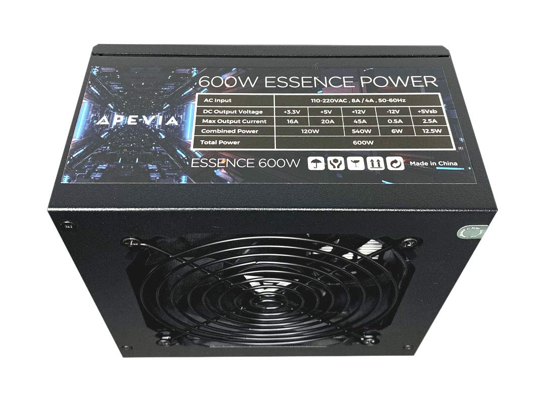 Apevia Atx Es600W Essence 600W Atx Semi Modular Gaming Power Supply With Auto Thermally Controlled 120Mm Black Fan, 115/230V Swi
