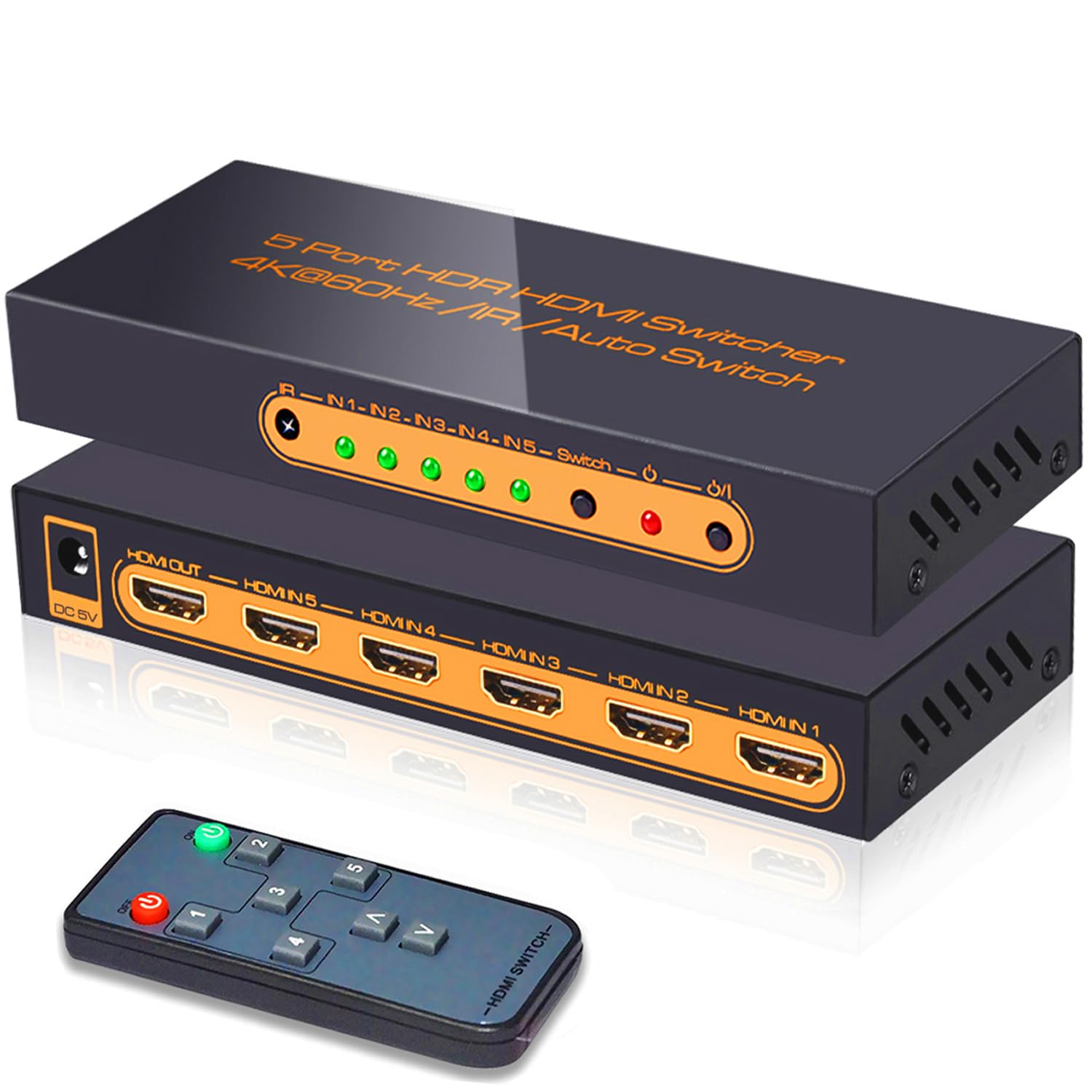 (Newest Version) Skycrophd 4K@60Hz 5 Port Hdmi Switch With Remote, Premium 5 In 1 Out 4Kx2K Hdmi Auto Switcher, Support Hdr10, D