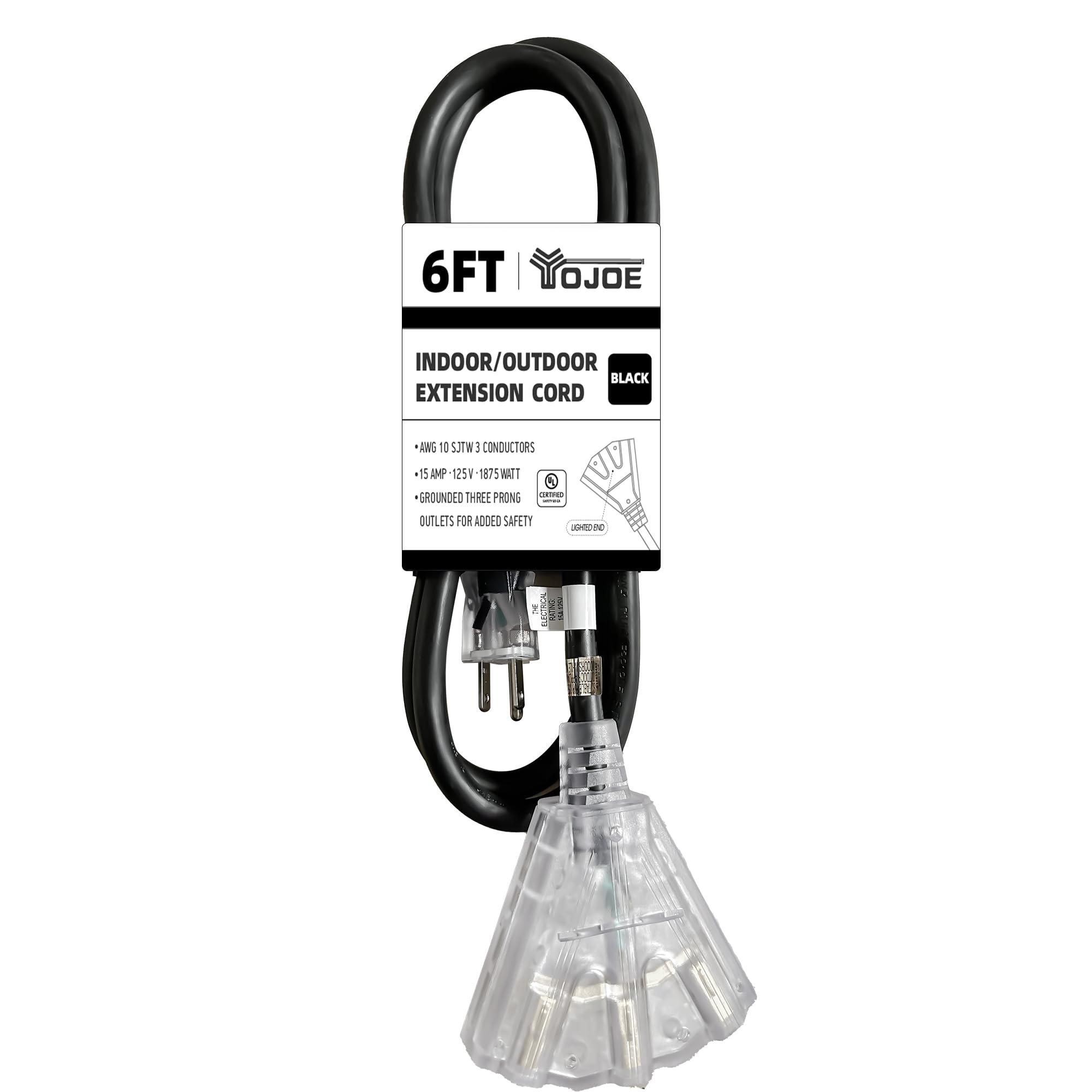 Yojoe 6 Foot 10/3 Lighted Outdoor Extension Cord With 3 Power Outlets   10 Gauge 3 Prong Sjtw Heavy Duty Black Extension Cable W
